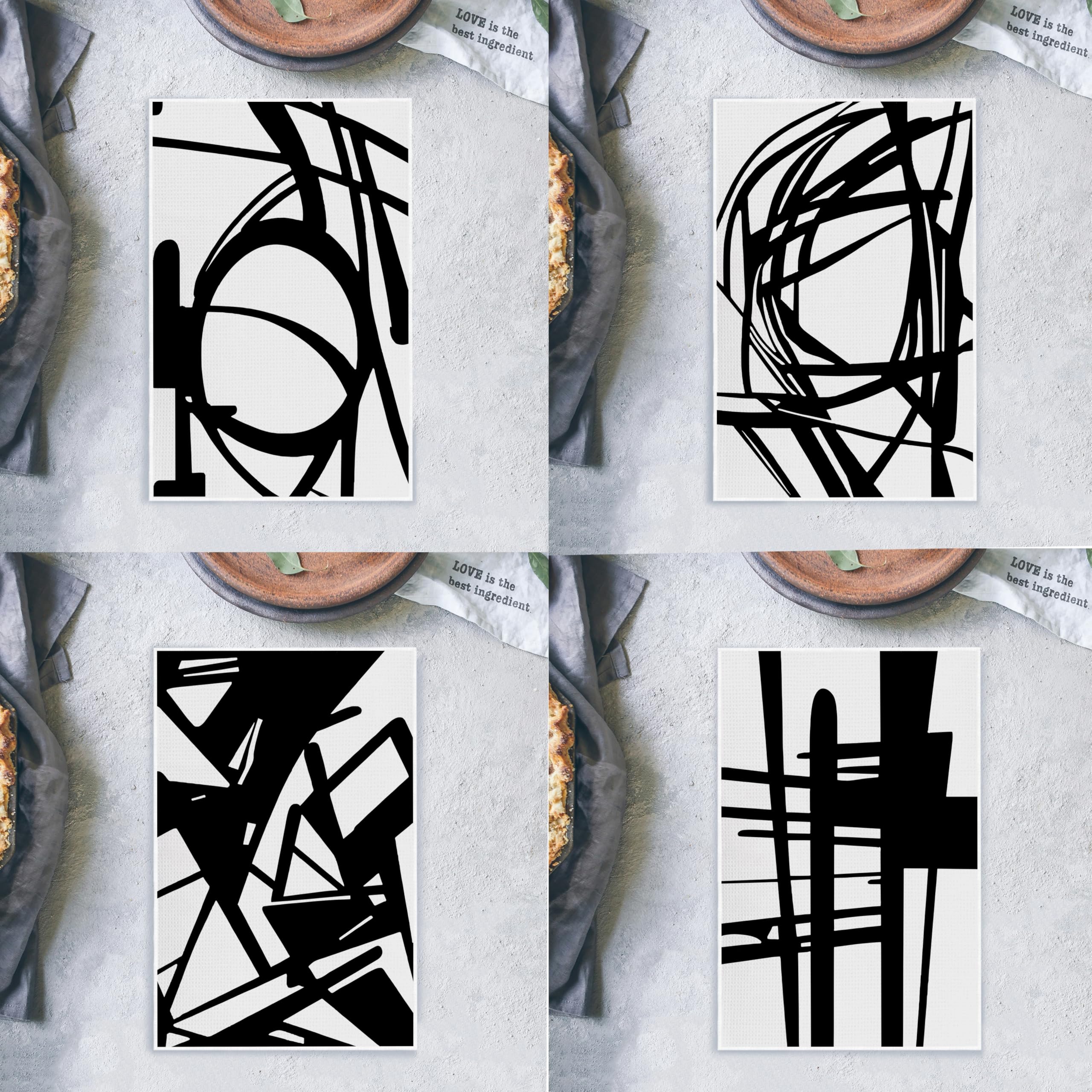Juego de 4 paños de cocina abstractos en blanco y negro, toallas de mano decorativas modernas de mediados de siglo para baño, cocina, decoración moderna del hogar, 16 x 24 pulgadas