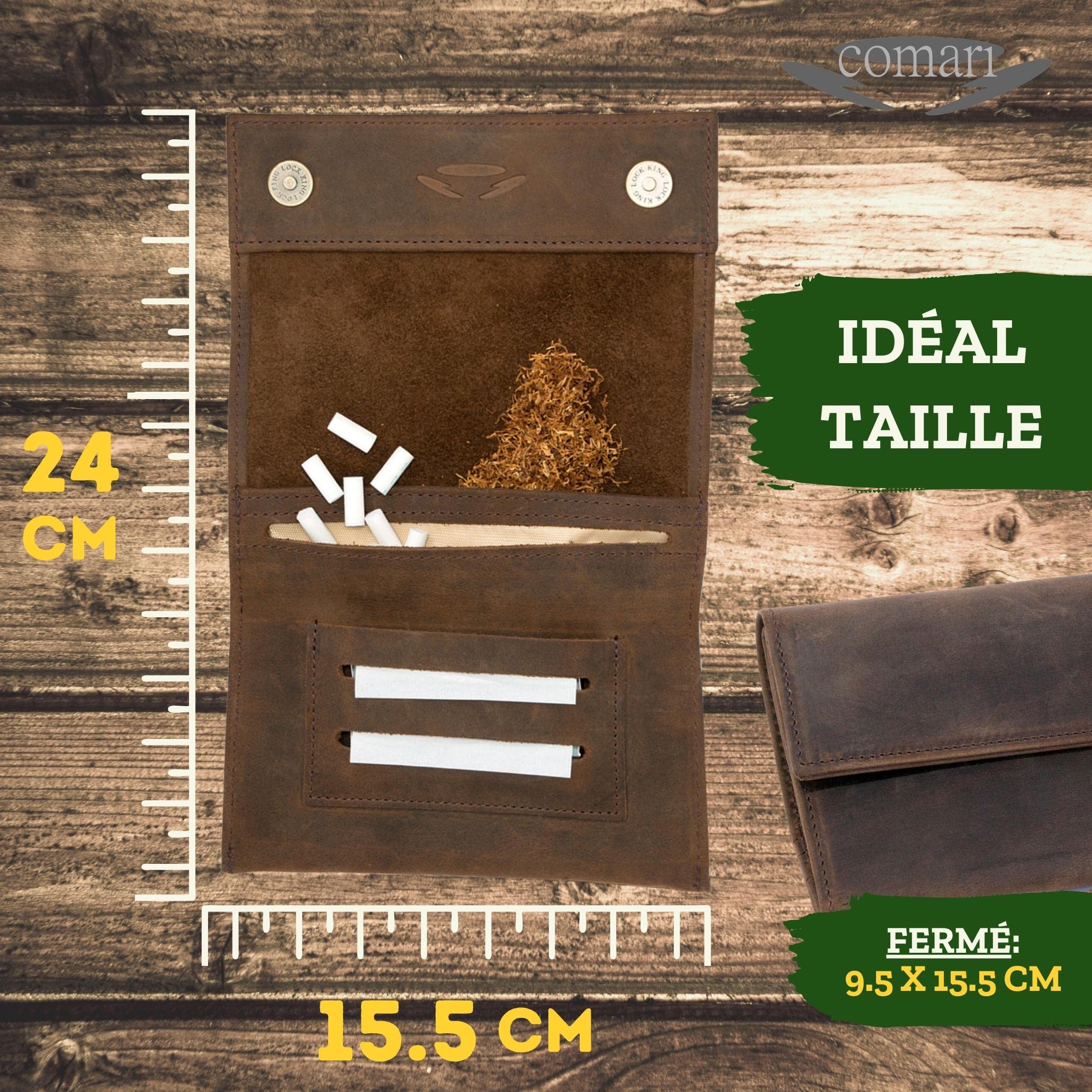 Premium Blague à Tabac Cuir - Boutons Magnétiques - Compartiment pour Doubles-Papiers & Filtres - Pochette à Rouler Faite Main (Marron Vintage)
