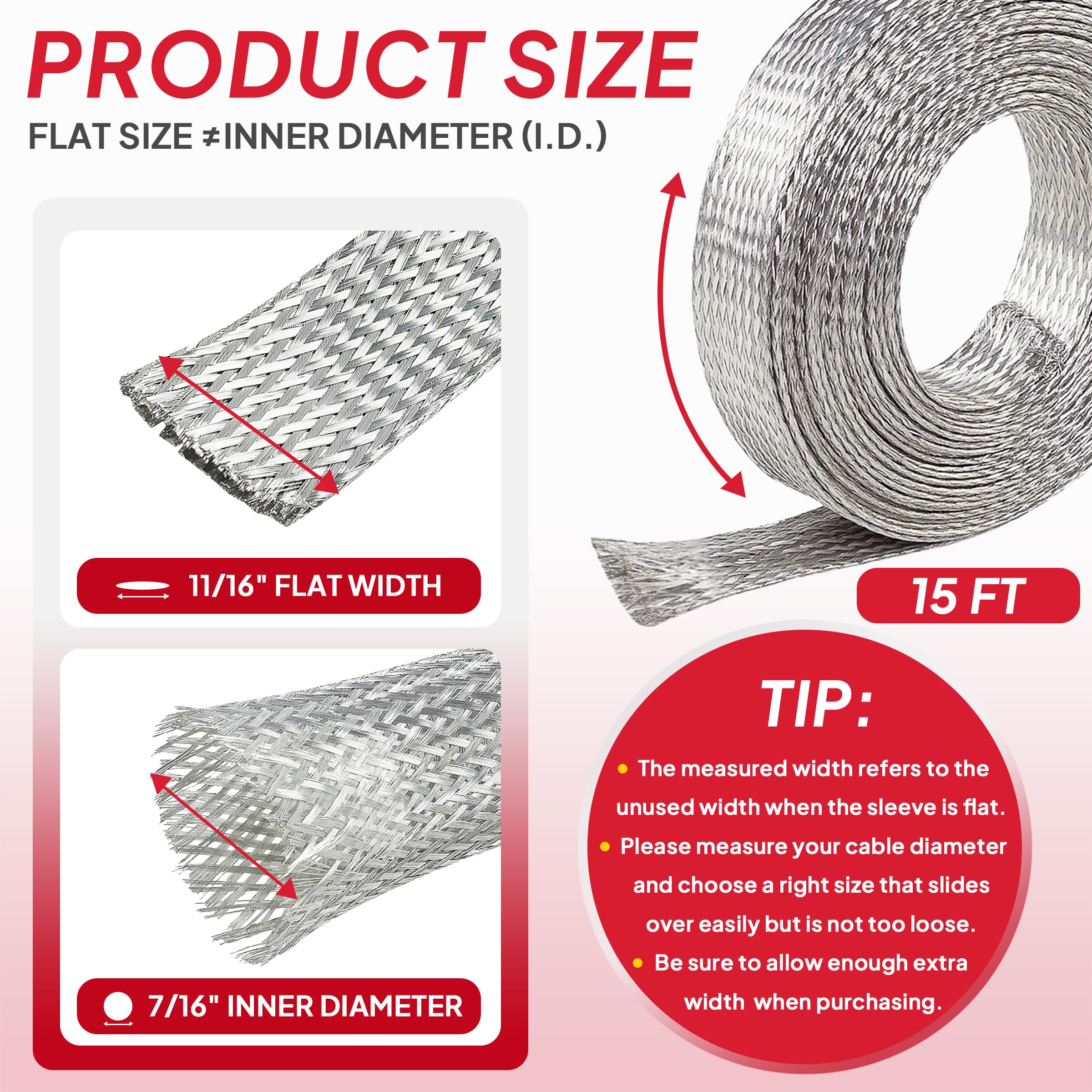 Cable trenzado de cobre estañado, protector de cable plano EMI RFI ESD, correas de tierra, malla flexible (11/16 pulgadas de ancho (0.4 pulgadas de diámetro) - 15 pies