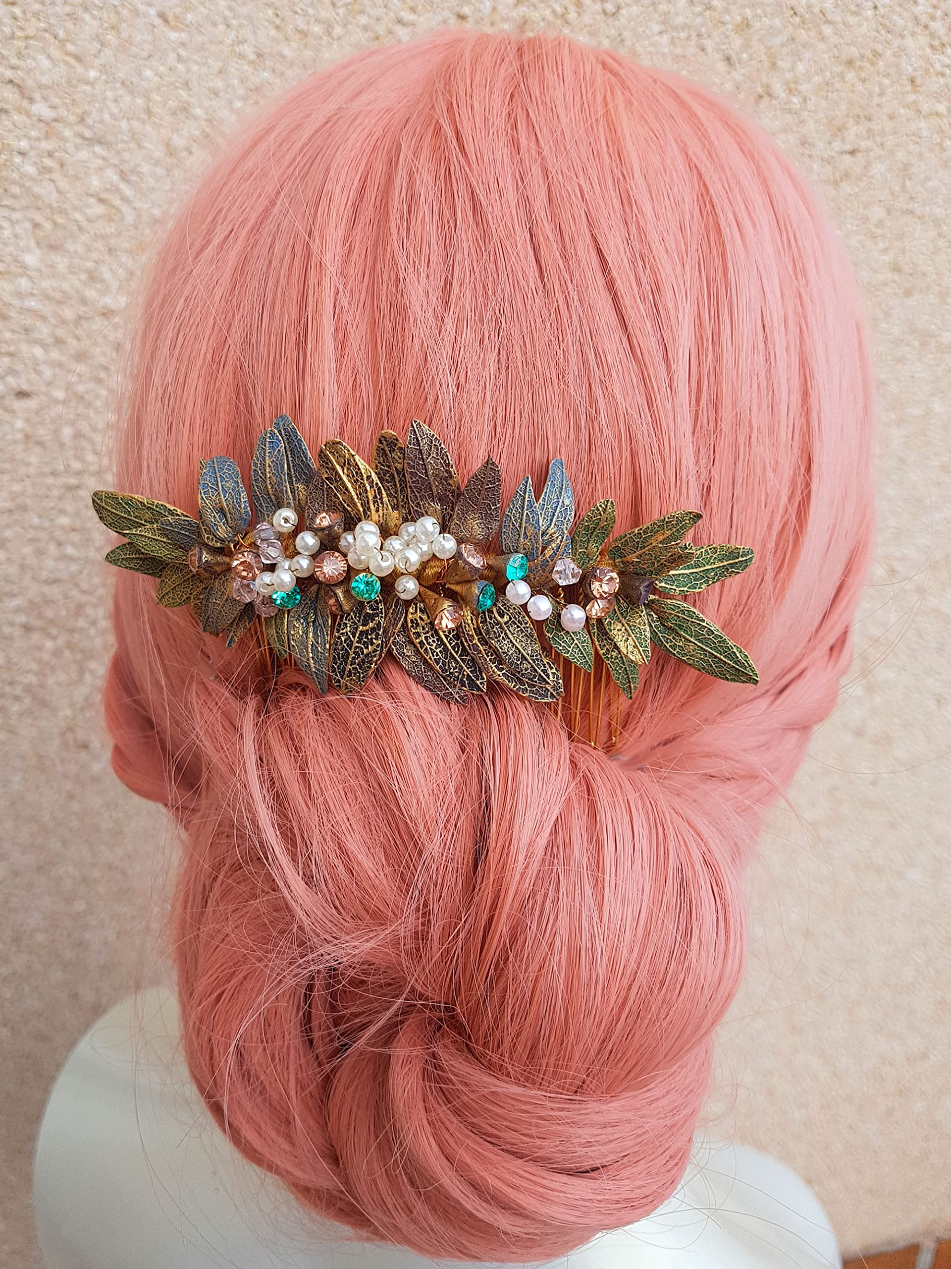 Adorno Flores Elficas doradas para el Pelo-Tocado Peineta Novia Flores Porcelana