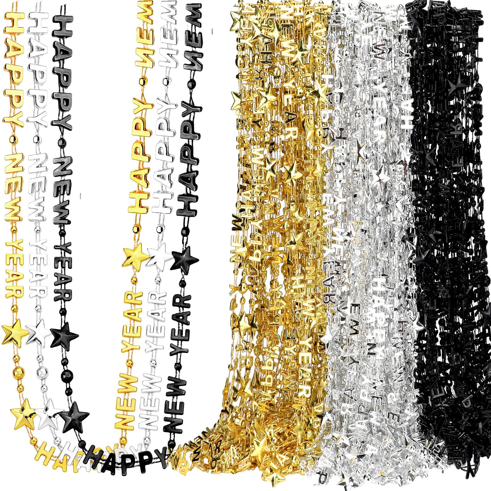 Sasylvia 48 Pcs 2025 New Year Bead Necklace Luau Summer Pool Party Supplies Gift Birthday Miami Bachelorette Graduation Wedding Decor (One with Pendant One No Pendant(Gold, Black, Silver,Classic)