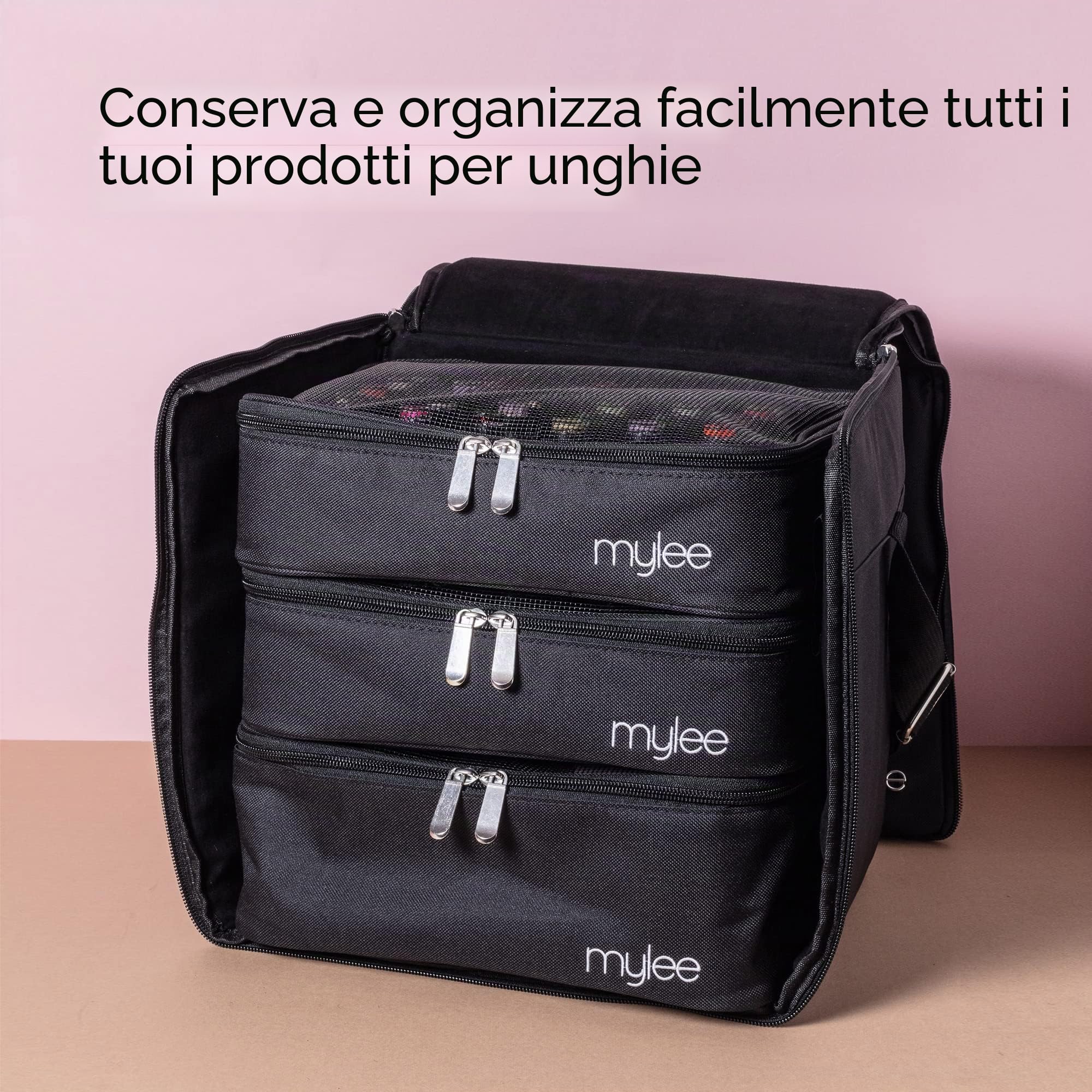 MYLEE Organizer per Set Smalto – Valigetta Porta Smalti per Unghie | Borsa Organizer per Onicotecnica ed Estetista, con Maniglia e Inserti in Gommapiuma, Contiene 84 Smalti