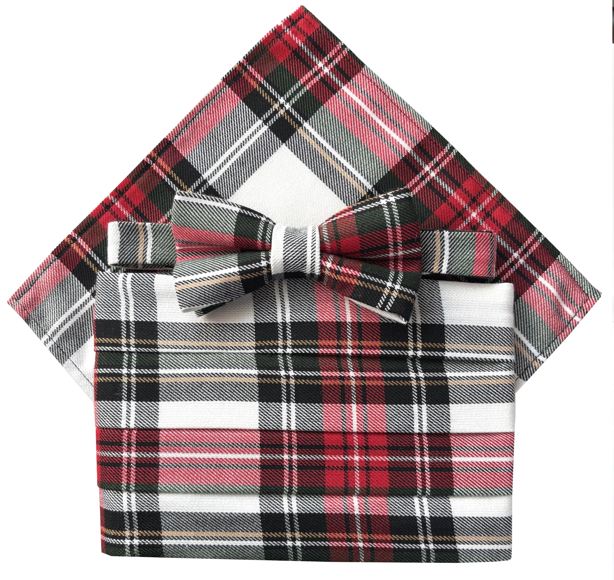 Great British Tie Club Men's Red, White, Green, Black Stewart Dress Tartan Cummerbund Set (Includes Bow Tie & Pocket Square)