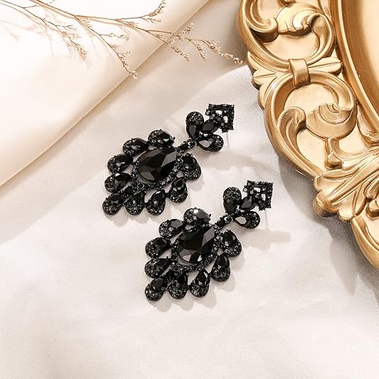 EVER FAITH Festa di matrimonio Cristalli di strass Fiore Rombo Orecchini pendenti per Donne Ragazze Nero-fondo nero