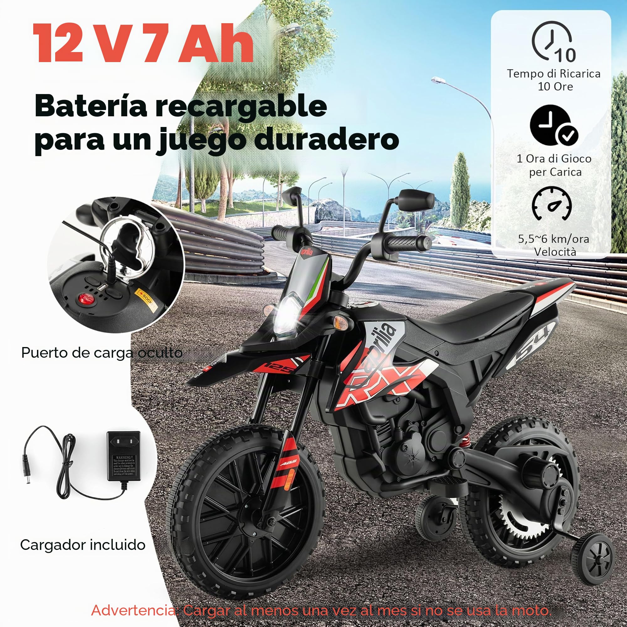 RELAX4LIFE 12V Aprilia Moto Eléctrica Niños con 2 Ruedas Auxiliares, Velocidad 5,5-6KM/H, Moto Infantil con Luces, Música, Faros, Marcha Adelante, USB y MP3 para Niños 3-8 Años, Carga 25kg (Rojo)
