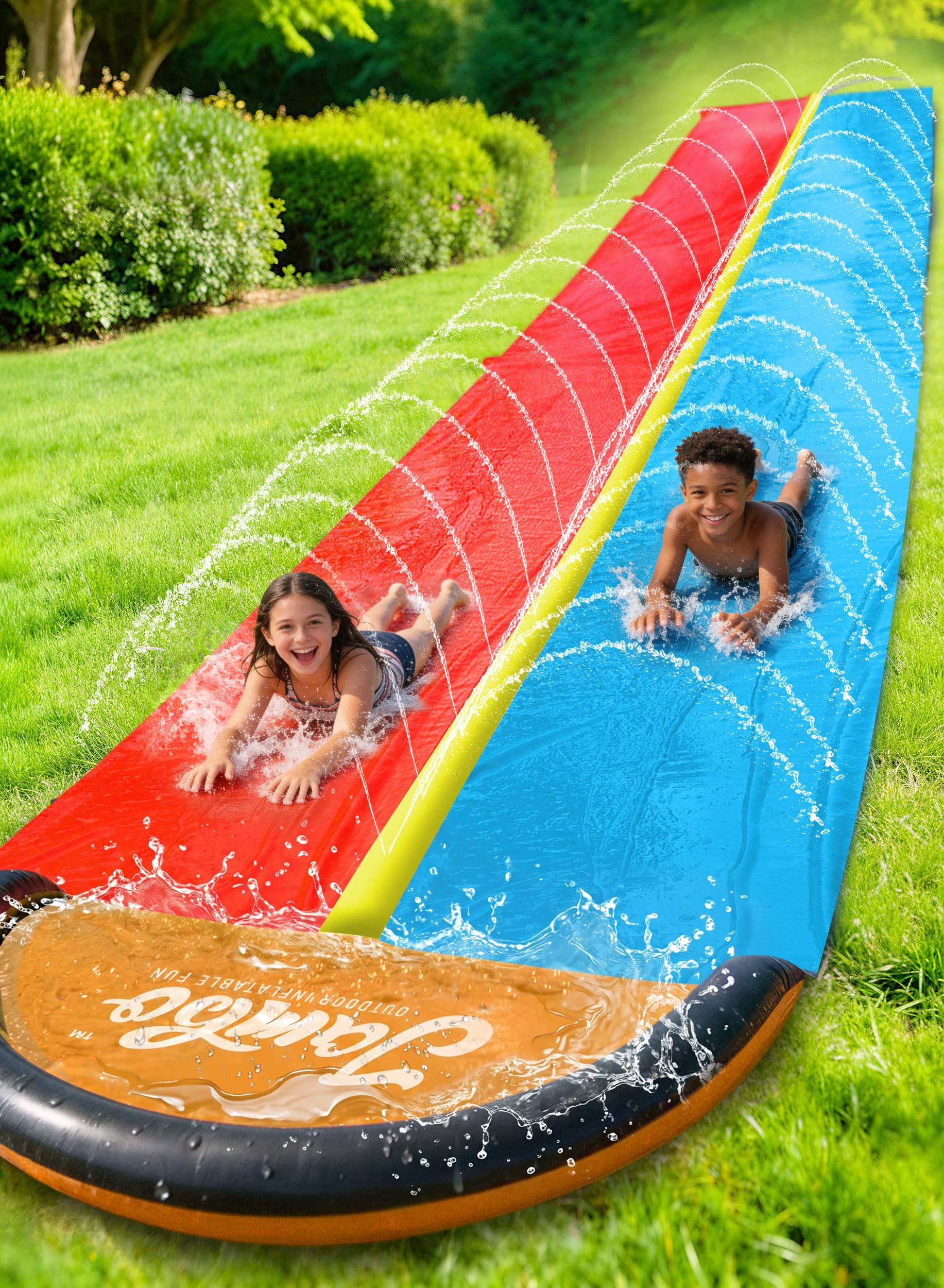 JAMBO Premium 24Ft/731.52cm Budget Slip Splash and Slide, Heavy Duty Water Slide with Advanced Sprinkler System, Backyard Waterslide, Splash Mat, Outdoor Water Toys n Slides for Kids