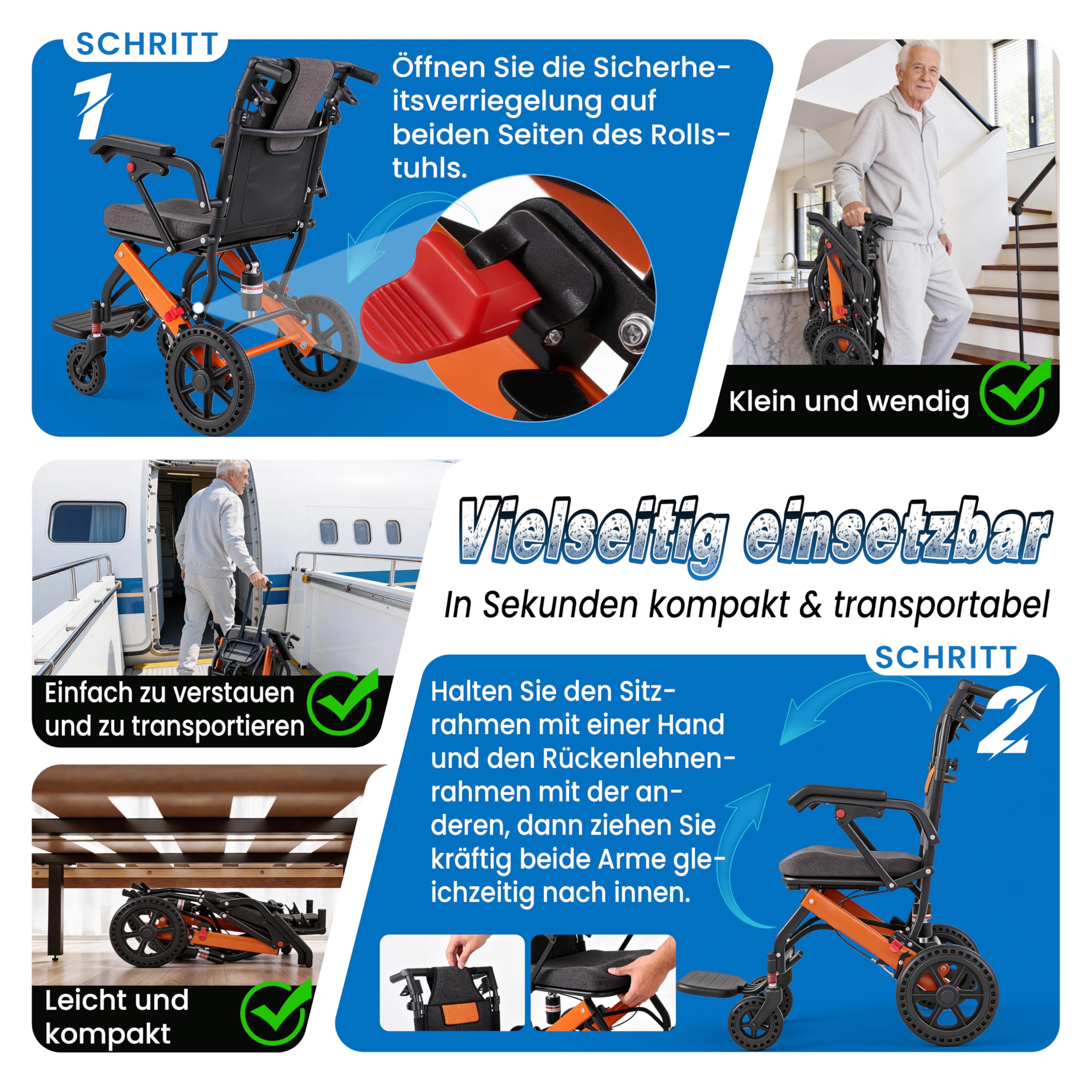 Verbesserte Rollstuhl Faltbar Leicht,Verstellbare Rückenlehne, Transportrollstühle mit Teleskopstiel, 28CM groß Honeycomb Gelände Reifen, Reisetasche, Backpack, Aufblasbare Sitzkissen