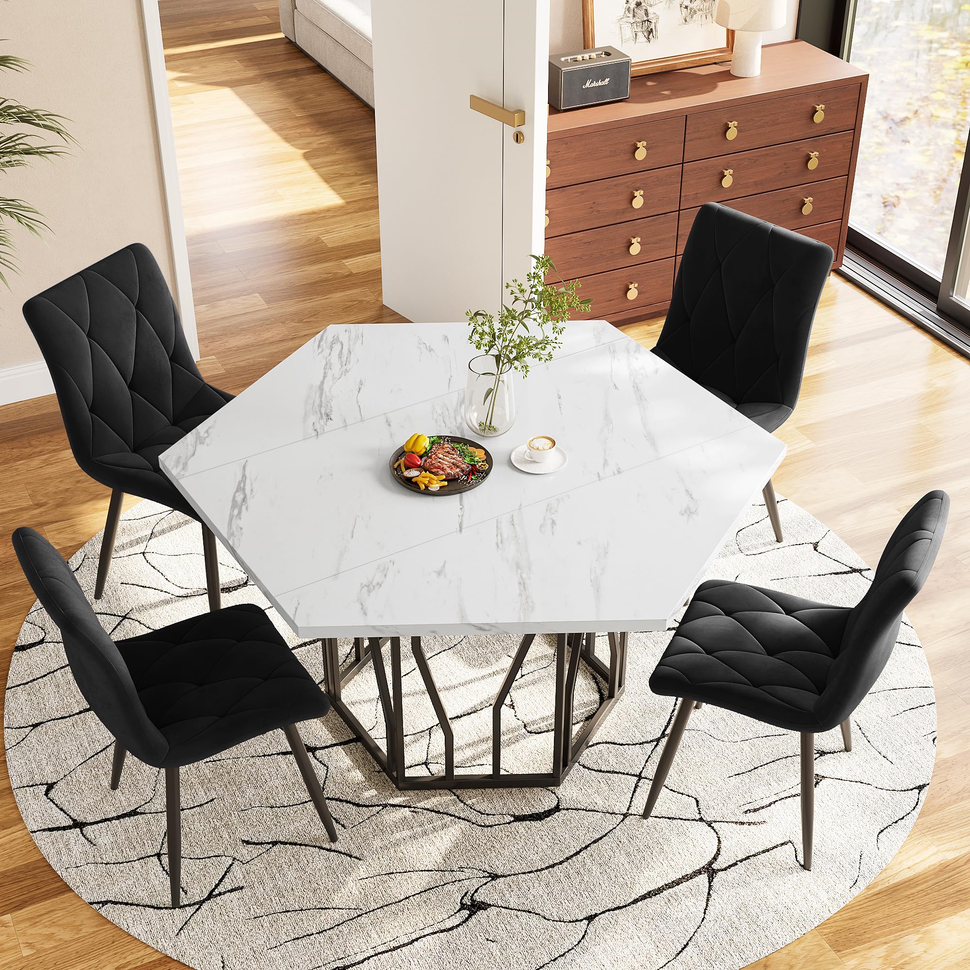 LAKFEW Esstisch mit 4 Stühlen, Esszimmerstühle 4er Set mit 115.5 x 100 cm Marmor-Esstisch und 4 Esszimmerstühle, Essgruppe Tisch und Stühle Set, Küchenmöbel, Schwarz