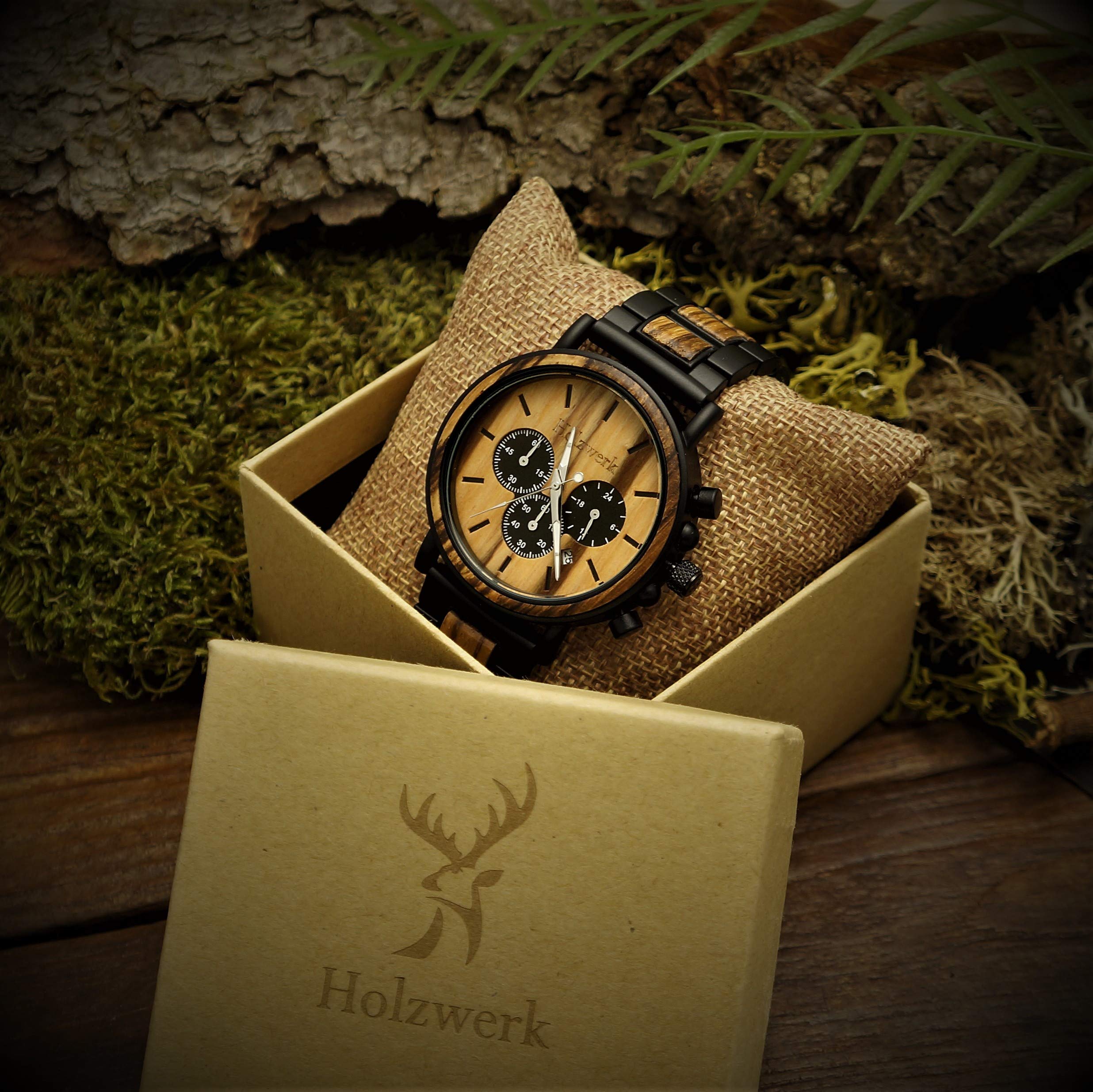 Handmade Holzwerk Germany® Designer męski zegarek ekologiczny naturalny drewniany zegarek chronograf zegarek na rękę analogowy zegarek kwarcowy brązowy czarny data drewno cyferblat,