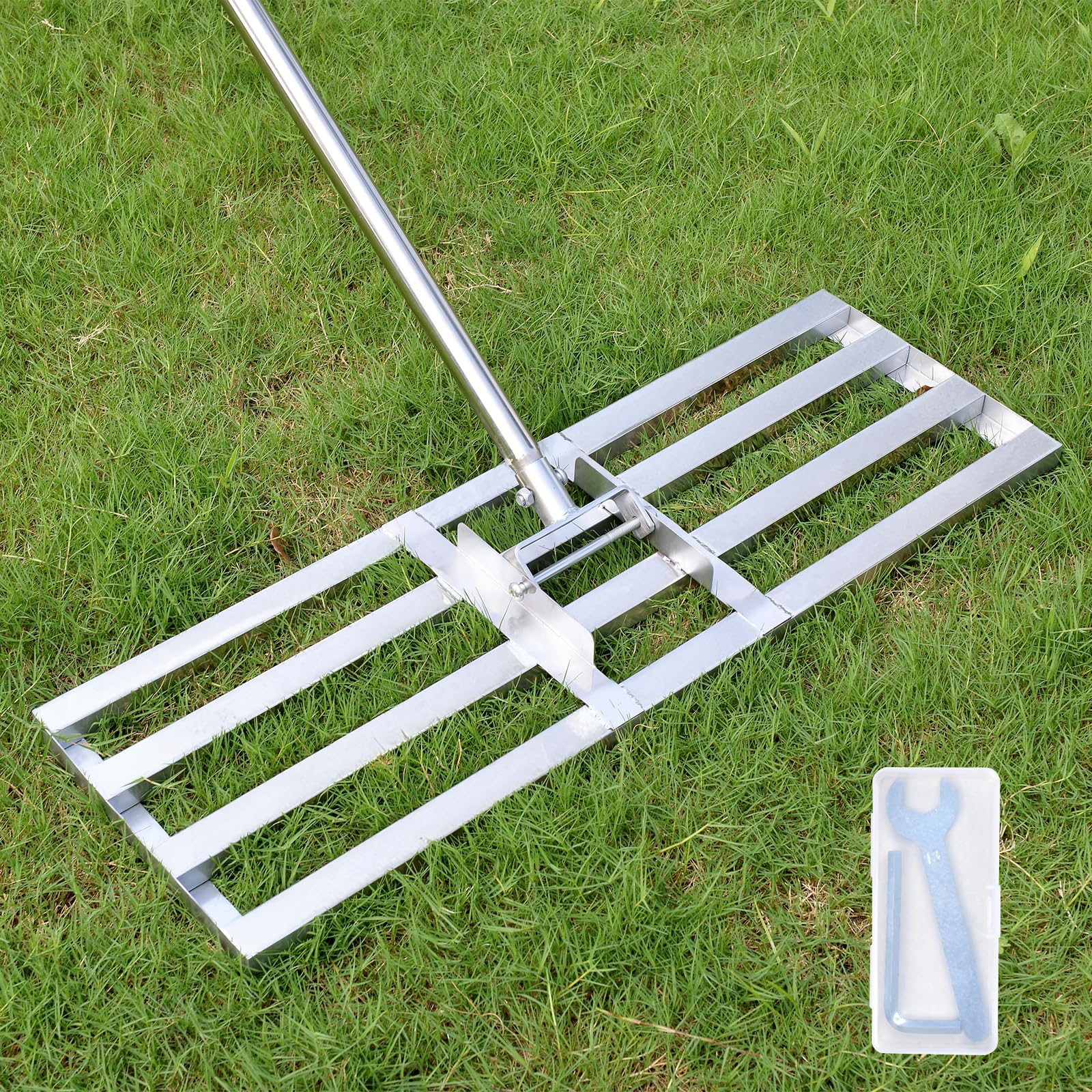 Rasenrakel 72x25cm Edelstahl Rasen Nivellierrechen mit Verstellbarem Stiel 195cm Rasenrechen für Garten Hof Golfplatz Rasenpflege