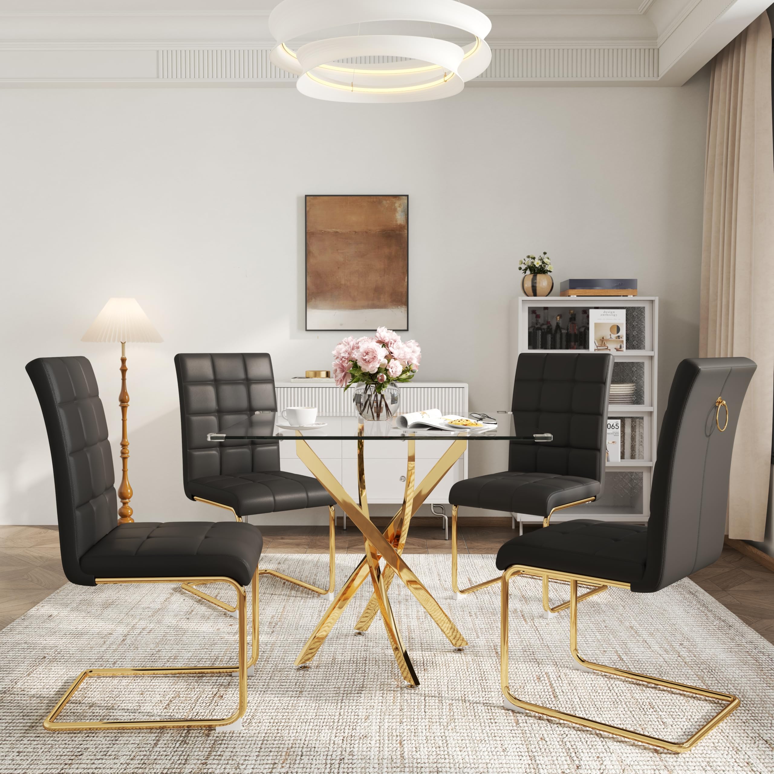 AMHDDT 5-Piece Square Dining Table Set for 4,Square Tempered Glass Kitchen Table Set with 4 Black PU Leather High Back Upholstered Chairs,Dining Room/