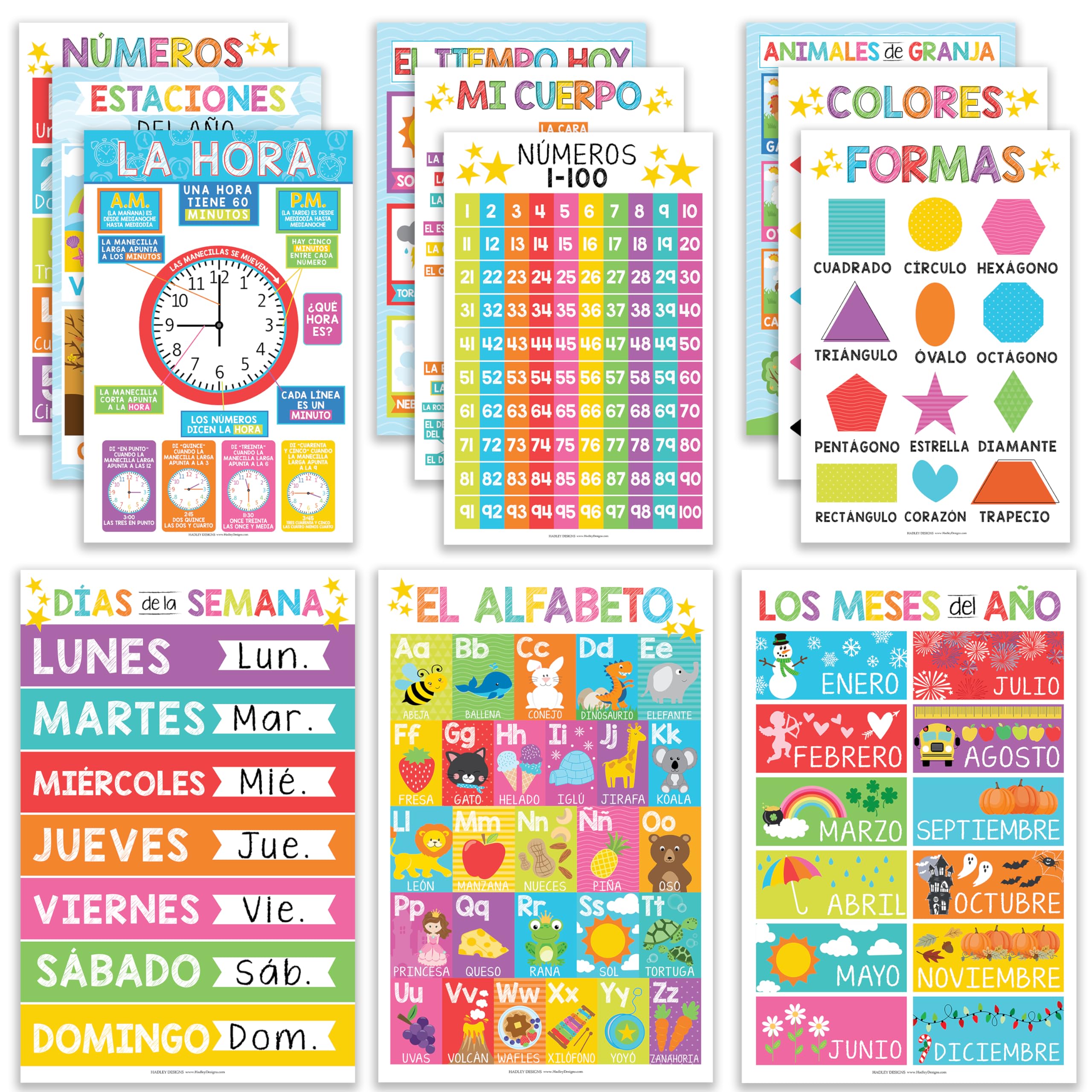 Hadley Designs Spanish Classroom Decorations - 12 Spanish Posters for Classroom Elementary, Abecedario para Ninos en Espanol, Laminated Colorful Bilingual Educational Posters 11x17