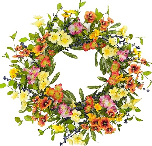 Coronas florales de primavera y verano de 20 pulgadas para puerta delantera, con flores silvestres coloridas, hojas de eucalipto, hojas de olivo,