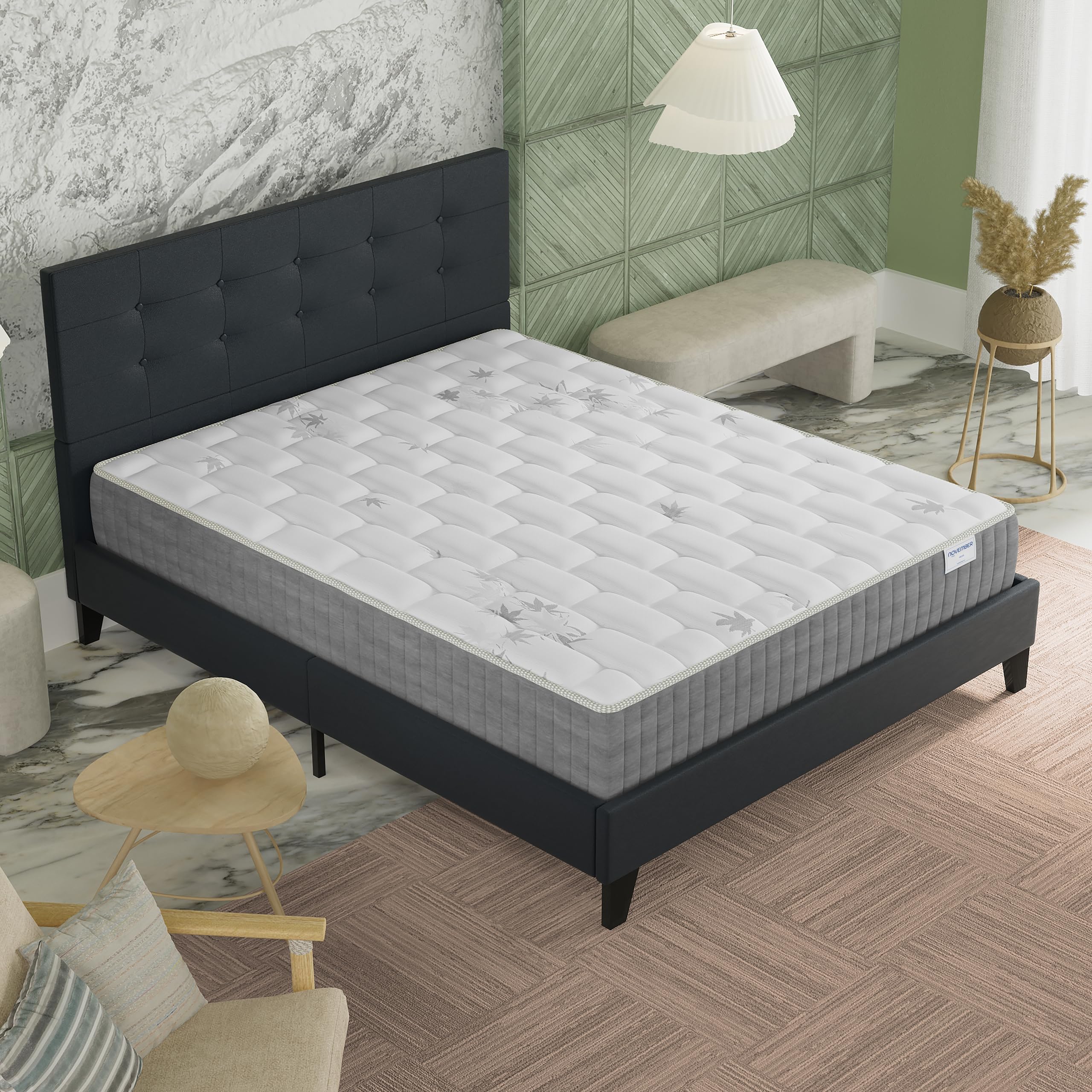NOVEMBER- Ensemble Matelas + LIT (140x200cm)- Matelas Galice 25cm Ressorts ensachés & Mémoire de Forme+ Sommier tête de lit Bois Stable & Robuste revêtement synthétique Noir