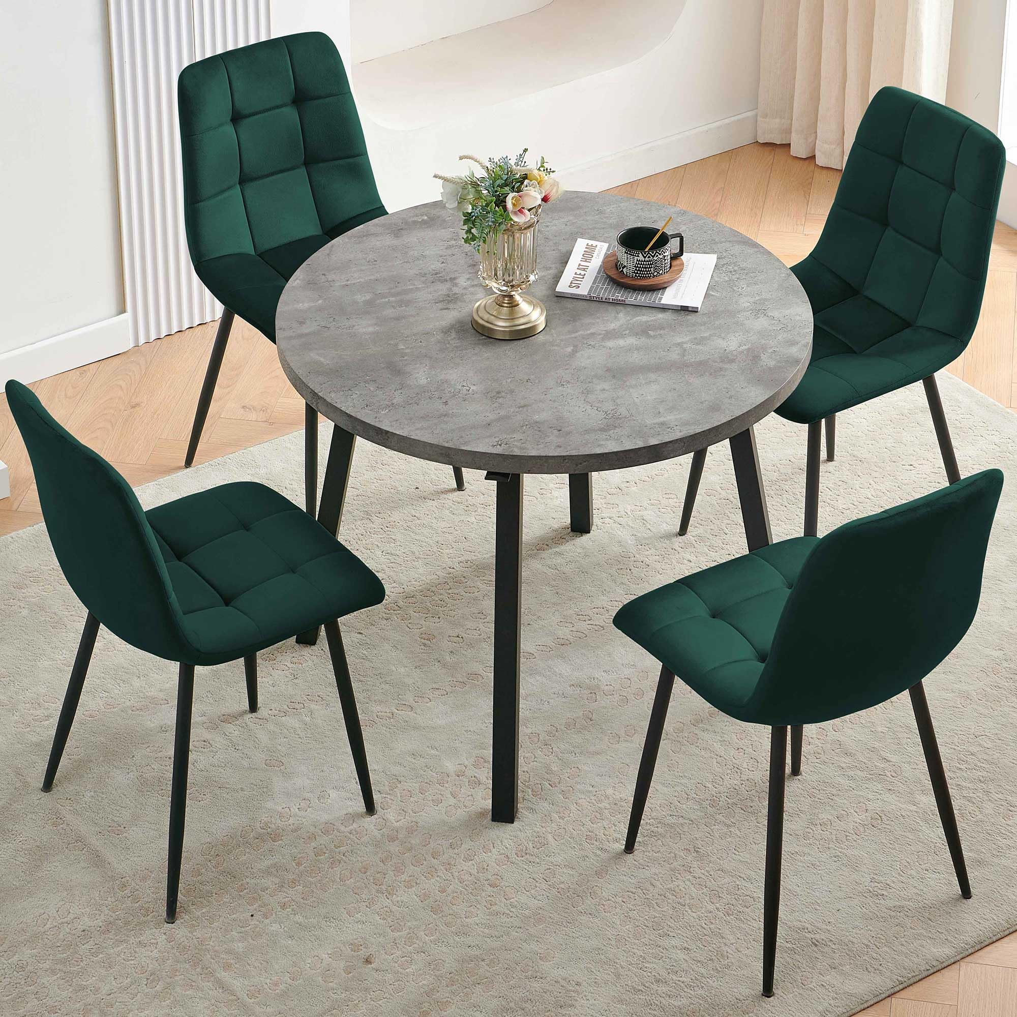 Homedot 5 PCS Dining Room Table Set, Grey Kitchen Table with Hooks for Hanging, Thick MDF Tabletop, 4 Dark Green Velvet Living Room Chairs