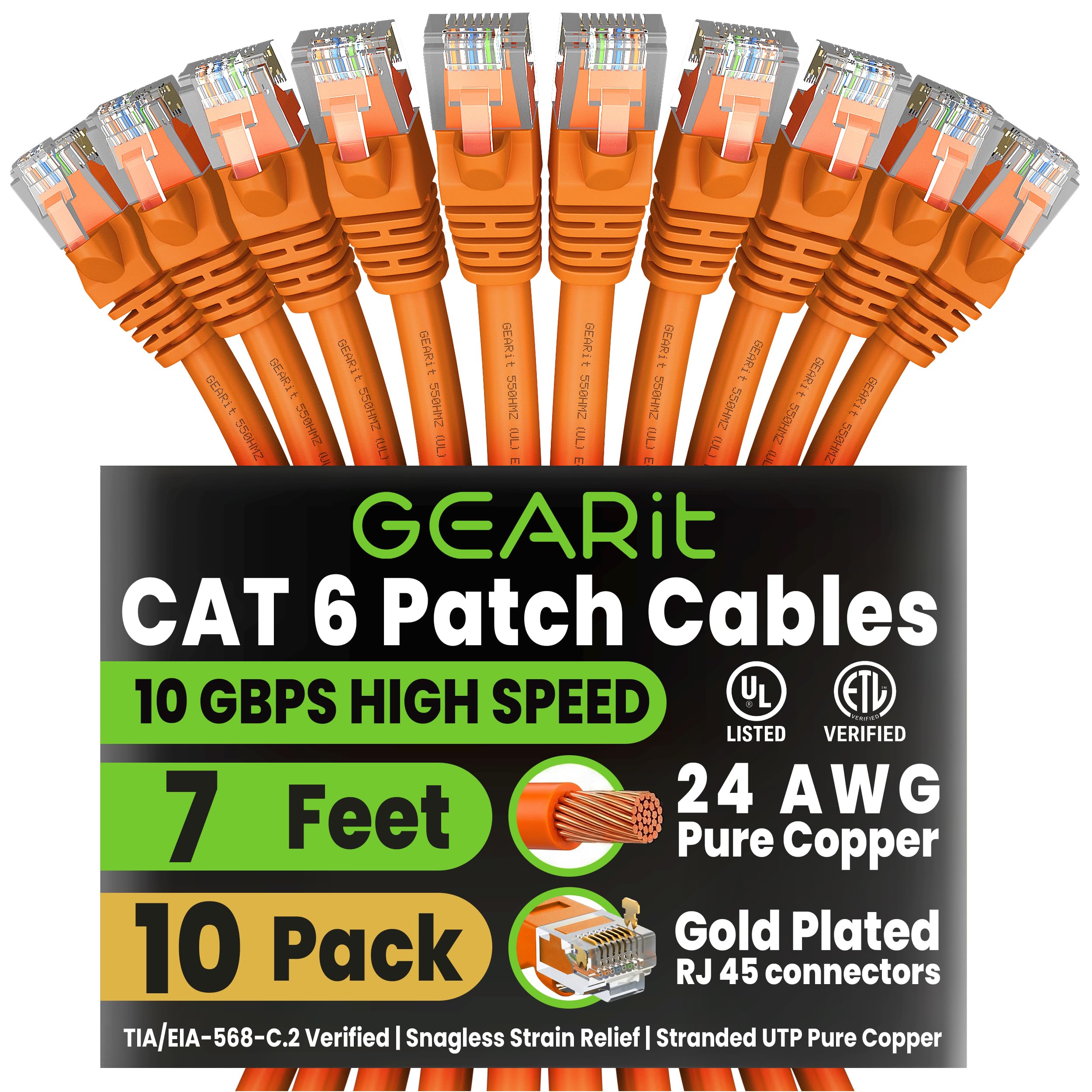 GEARit Cat6 Patch Cables Cat 6 Ethernet Cable 3 ft 10-Pack Orange Orange 3 Feet