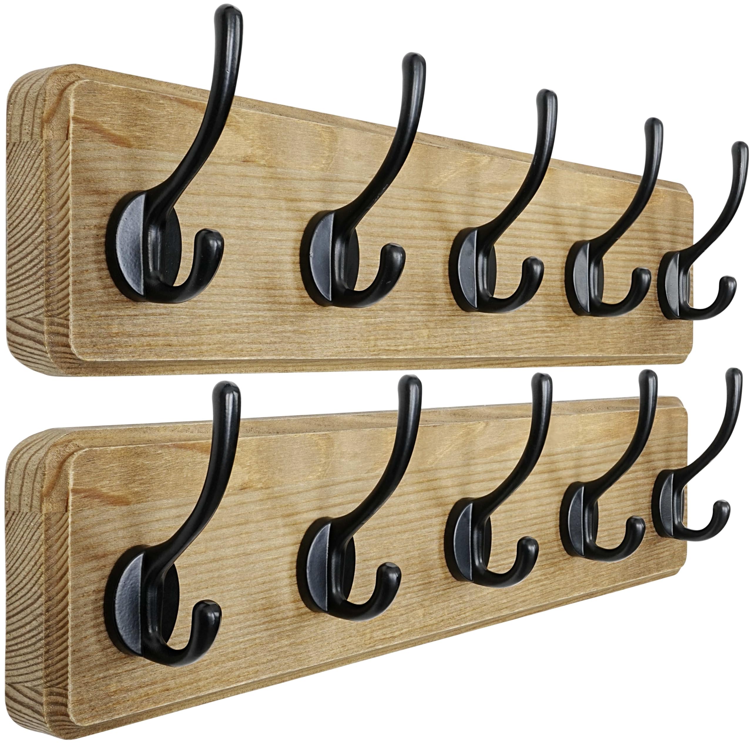Dseap Coat Rack Wall: Patented, Heavy-Duty, 5-Double-Hooks Wooden Wall Mounted Coat Rack Coat Hanger Hook Rail for Winter Coats Hat Jacket Clothing, Weathered Brown, Pack of 2