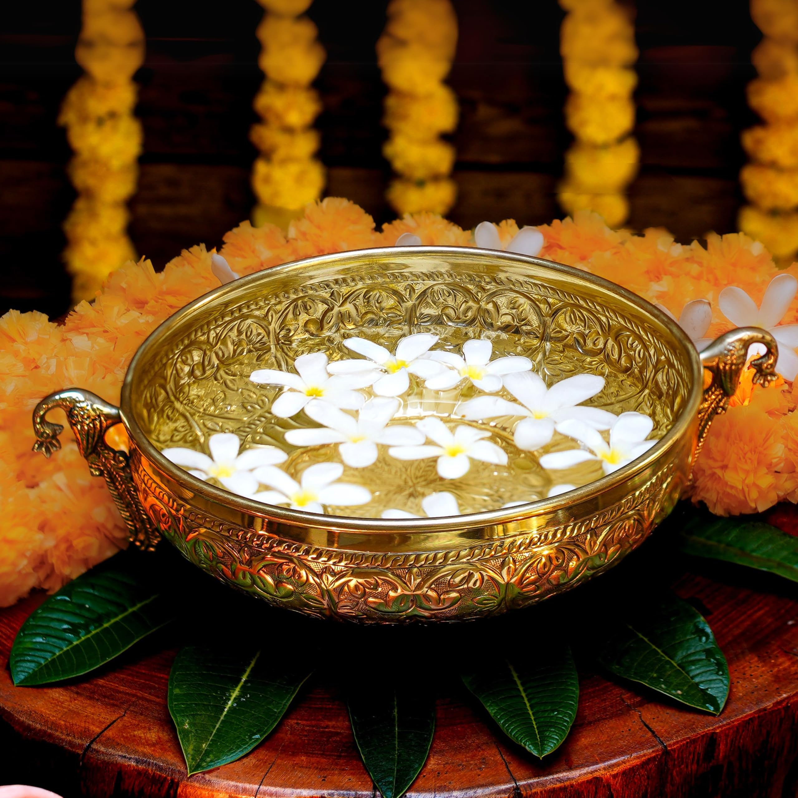 BEHOMA Ethnic Carved Peacock Design 9.5 Inches Brass Urli Decor Bowl, Golden Center Table Flower Decorative Bowl for Home Decor, Urali for Haldi, Mehndi Wedding, Pooja and Holi Decoration, 1 pc-image-22