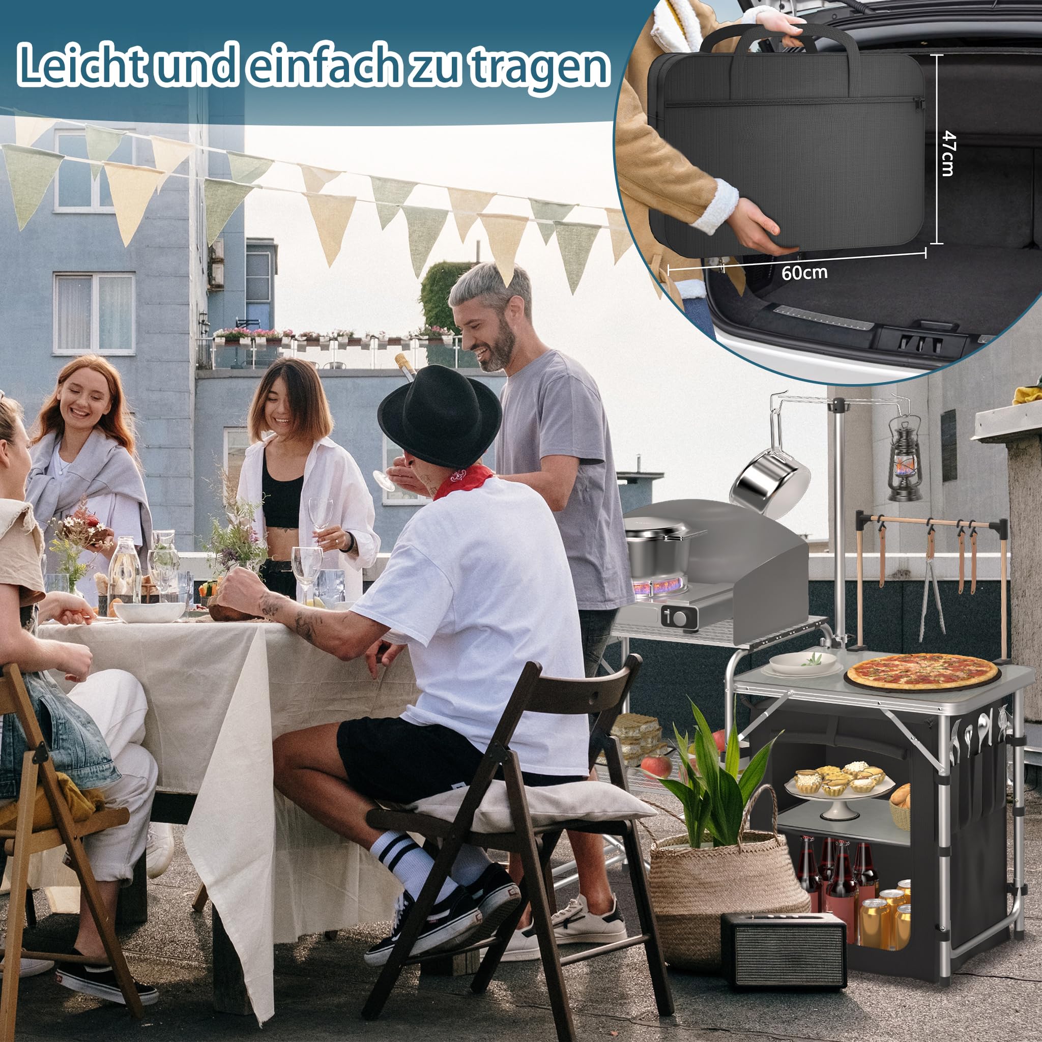 XMTECH Szafka kempingowa składana, kuchnia kempingowa z aluminiową ramą i ochroną przed pryskaniem, kuchnia podróżna na kemping, szafka kuchenna, ok. (dł.) 146 cm x (szer.) 46 cm x (wys.) 141 cm