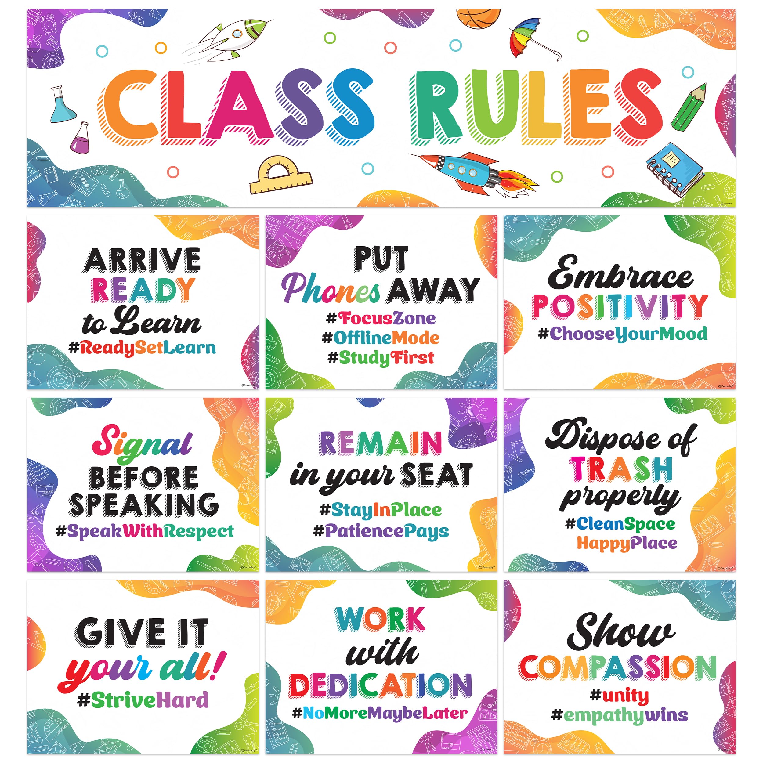 Decorably 10 Colorful Classroom Rules Banner and Posters, Matte-Laminated Inspirational Classroom Rules Poster High School, Middle School, Elementary - Bulletin Boards