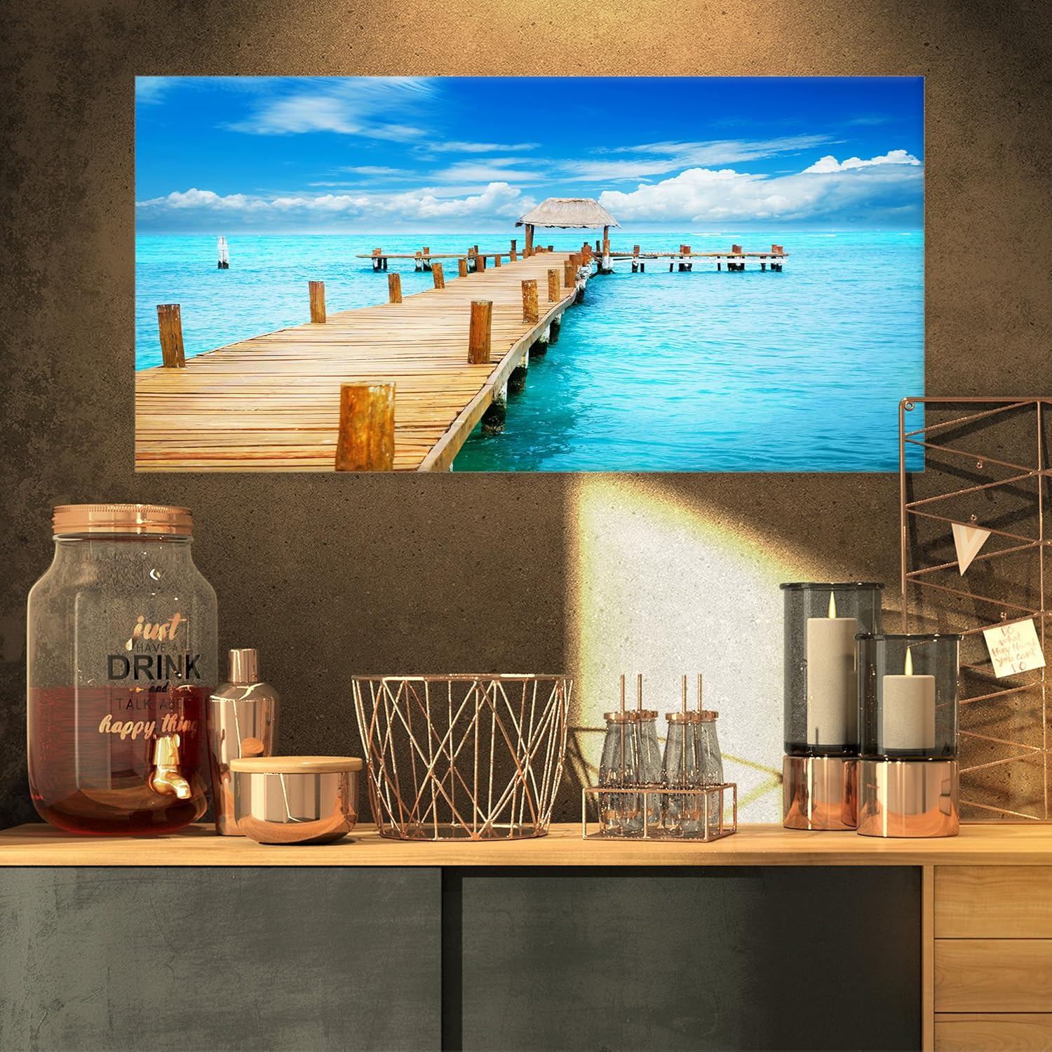Designart PT8633-32-16 Tropic Paradise Jetty in Mexico-Seascape Photo Canvas Print-32x16, 32x16, Blue 32L" x 16W"
