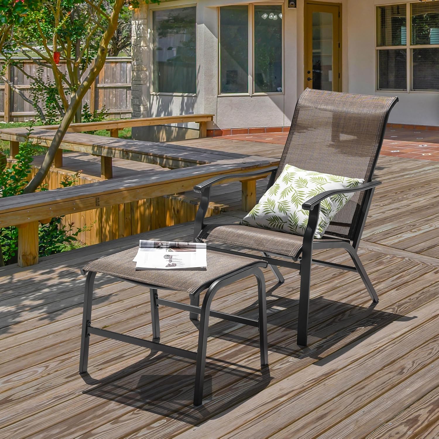 NUU GARDEN Outdoor Patio Chaise Lounges Chair, Recliner Chairs with Ottoman, All-Weather Textilene Chaise Lounge with Metal Frame, Outdoor Lounge Chairs for Patio, Backyard, Deck, Brown