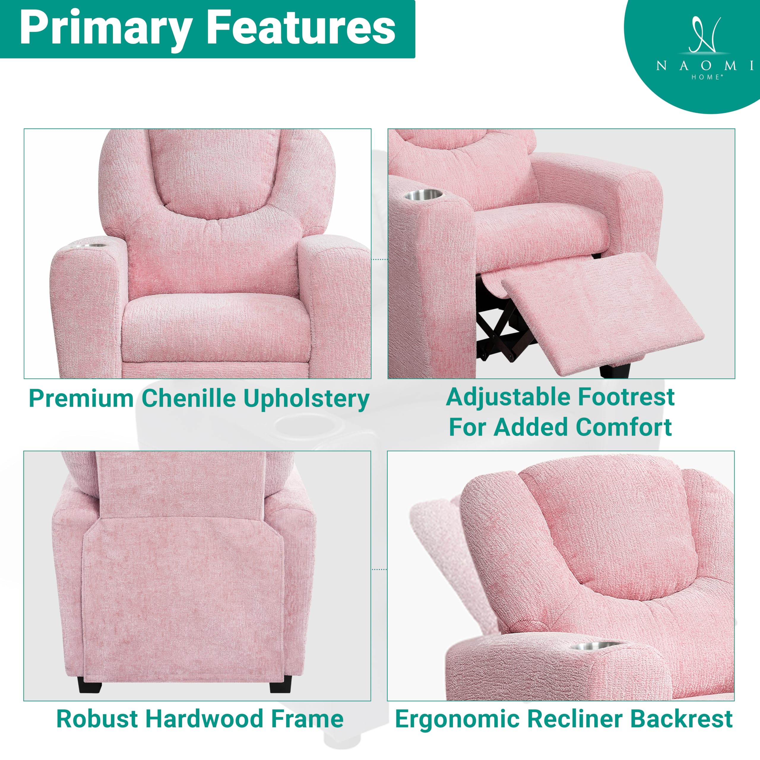 Naomi Home Suri Push Back Kids Recliner Chair with Footrest & Cup Holders, Push Back Toddler Recliner with Cup Holder, Chenille Kids' Recliners for Age 3+, Kid Chair for Girls/Boys - Pink