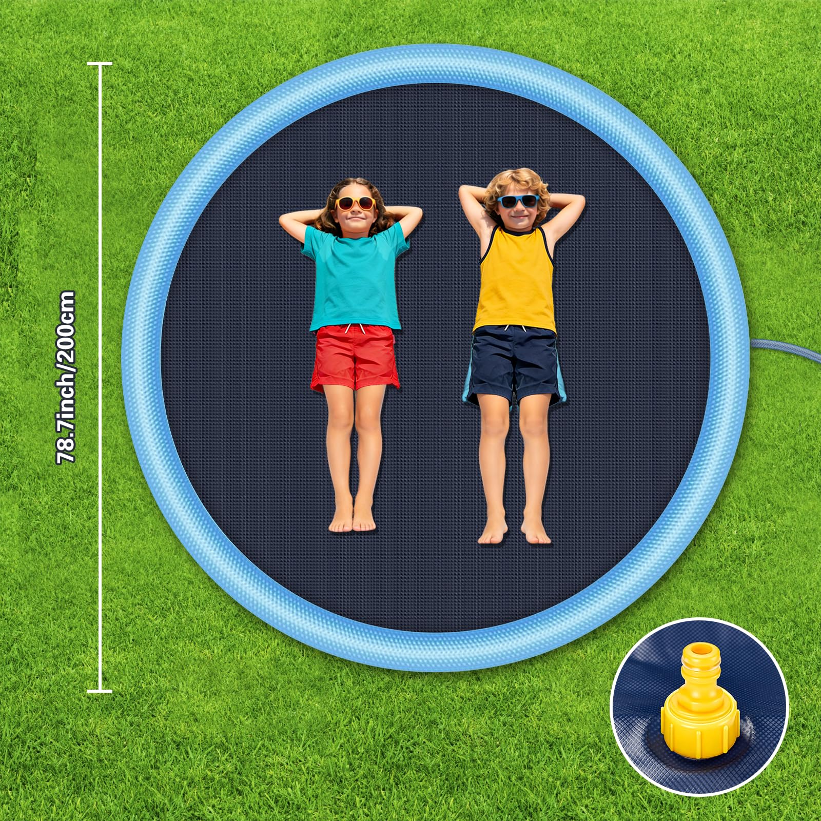 Tapis de Jet d’Eau 200CM pour Enfants et Chien, Tapis Arroseur Antidérapant en PVC Écologique, Splash Pad Jeu d’Eau Extérieur Jardin Été avec Adaptateur (Bleu)