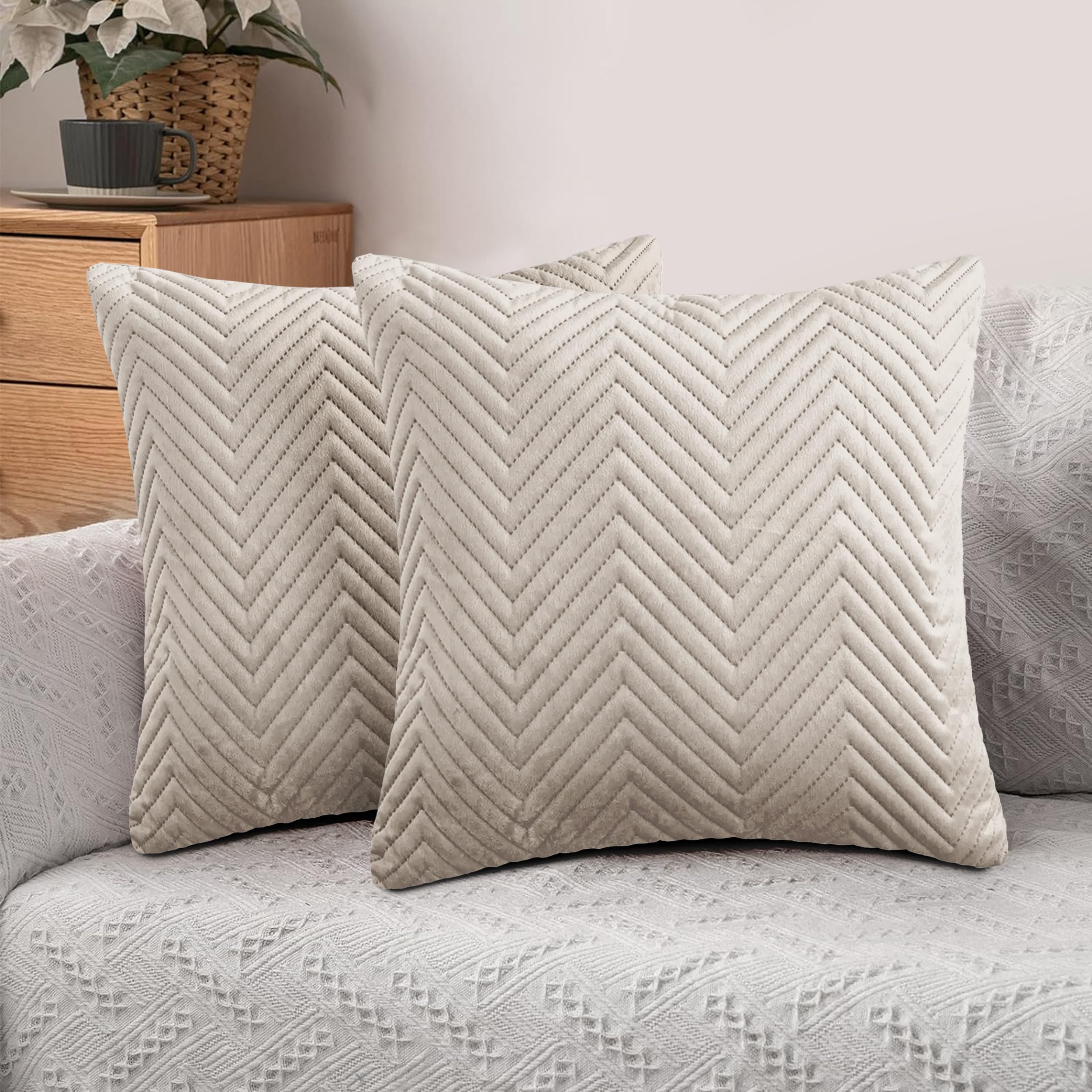 Hafaa Cushions with Covers Included 45 x 45 Cm Set of 4 (2 Beige Cushion Covers, 2 Cushion Inserts) - Ultrasonic Velvet Square Throw Pillow Case Decorative Sofa Cushion with Invisible Zipper