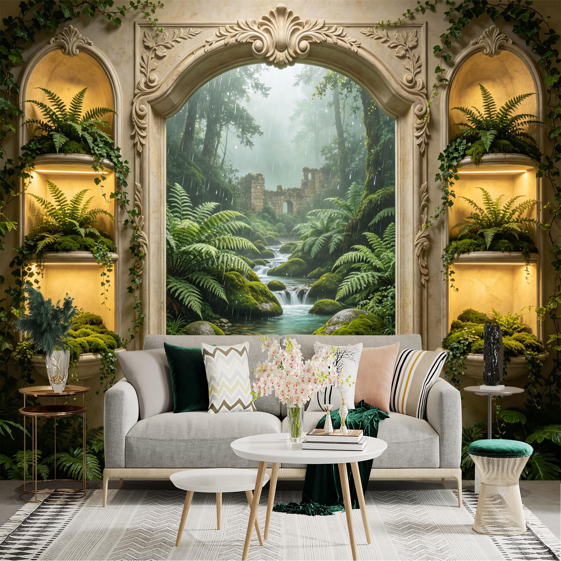 Lnzczhyre Dbh260521424 Custom Size Wall Sticker Mural， Enchanted Rainforest Stream With Antique Stone Arch， Lush Ferns And Mossy Rocks， For Wall Decoration， Peelandstick Wall Decals.