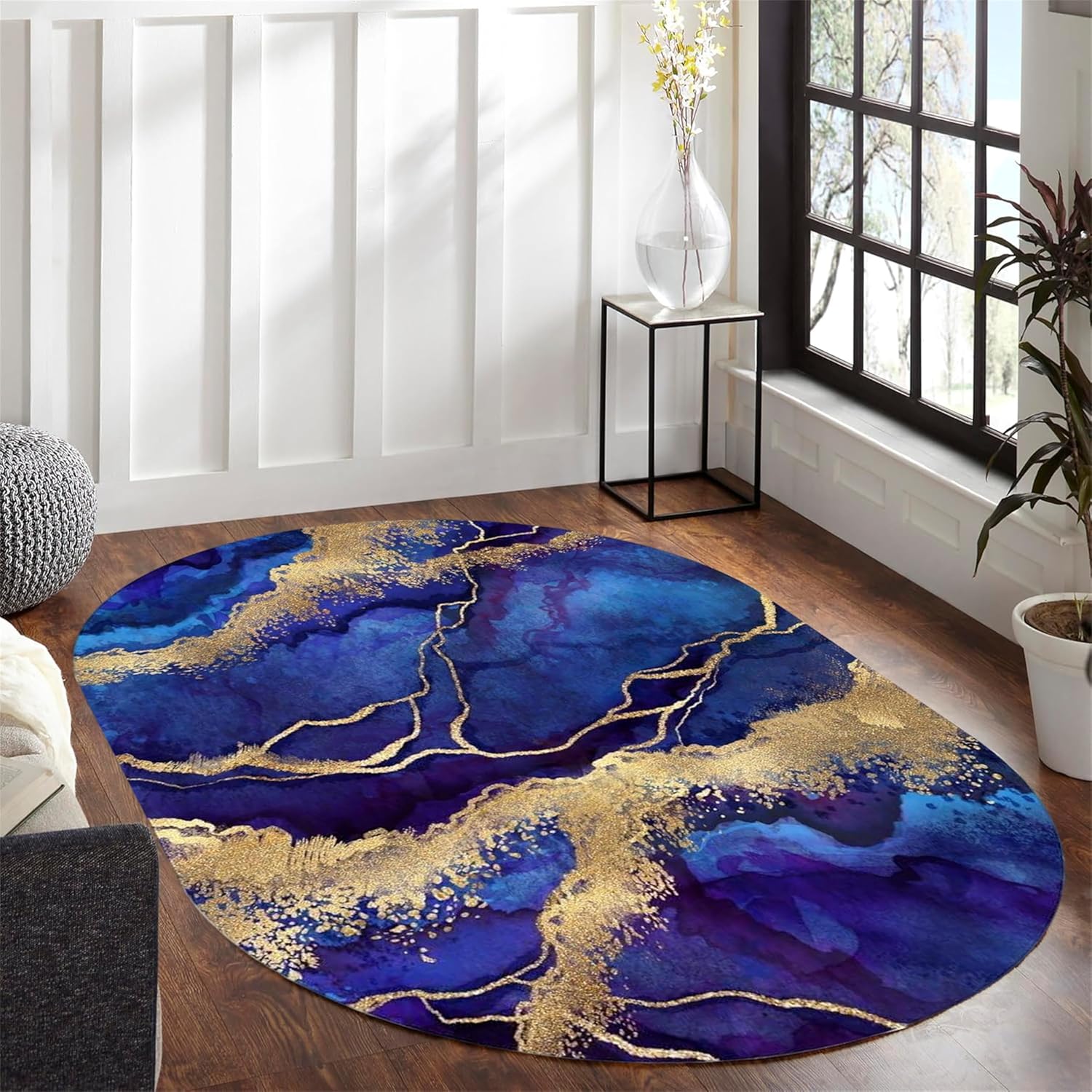 Oval Living Room Rugs 3x4ft - Marble Abstract Rug，Soft Low Pile Carpet Non-Slip Backing, Stain Resistant, Machine Washable, for Living Room, Bedroom, Dining Room and Office, Blue/Gold