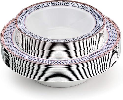 Miniatura 6 de Laura Stein Juego de vajilla de diseñador  32 cuencos de plástico desechables para fiestas, cuenco de boda blanco con borde azul y detalles