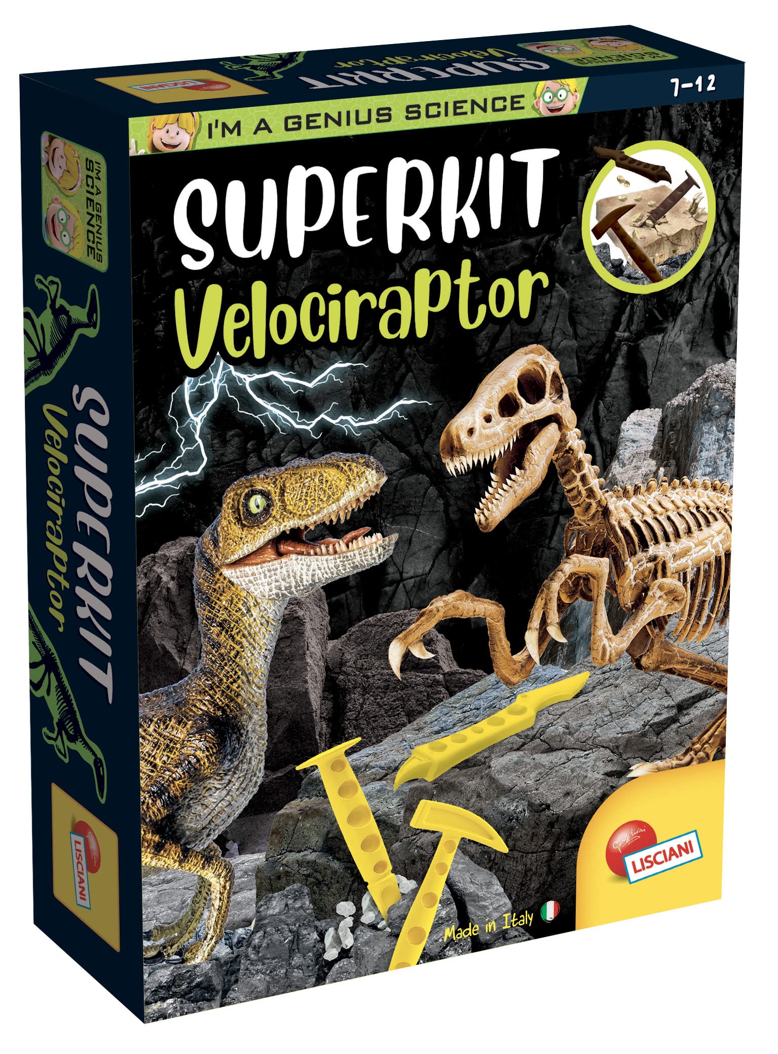 Lisciani - I'M A GENIUS SCIENCE - Kit Velociraptor - Esqueleto de dinosaurio - Excavar y construir - Juego educativo y científico - Para niños de 7 a 12 años
