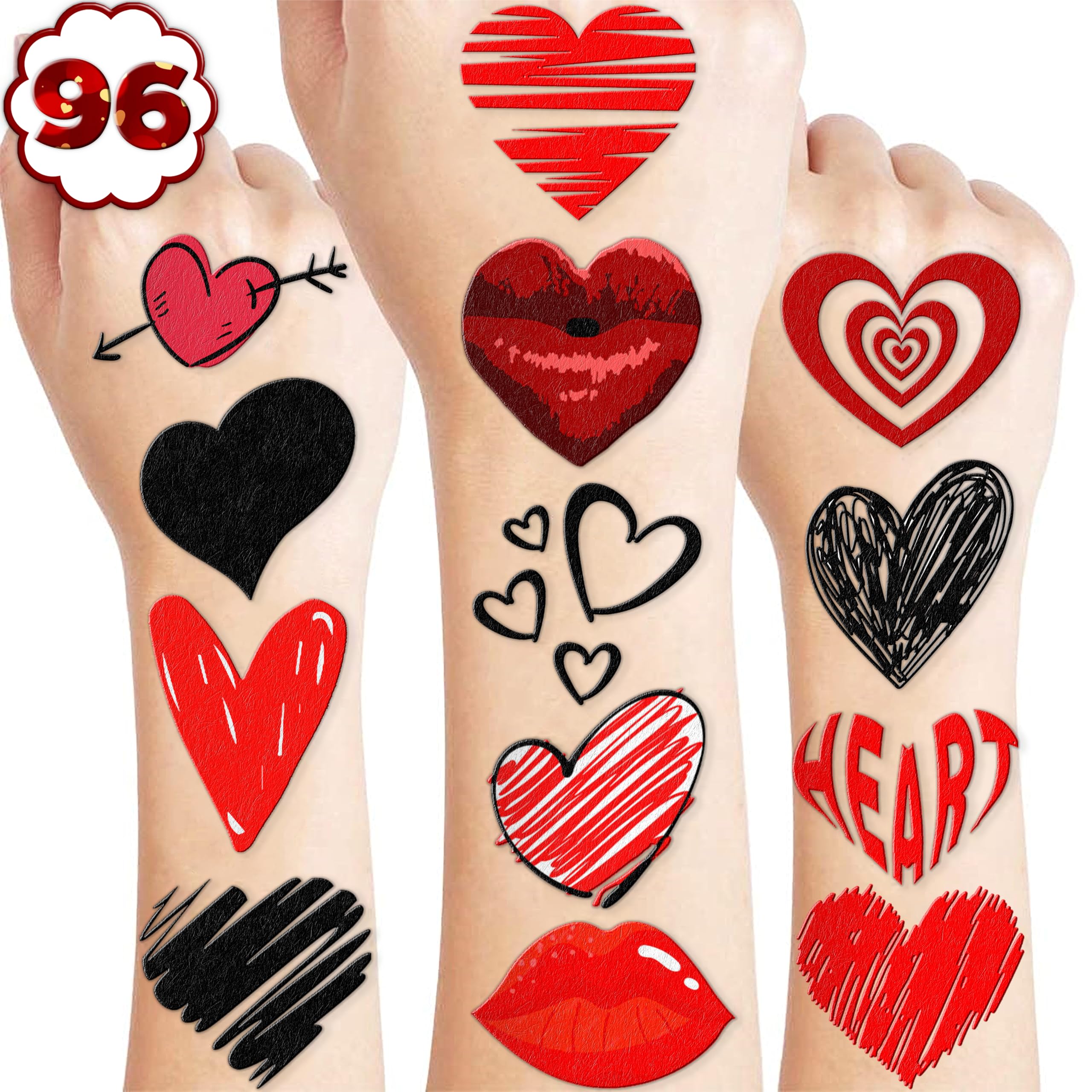 96PCS Red Heart Pre Cut Temporary Tattoos