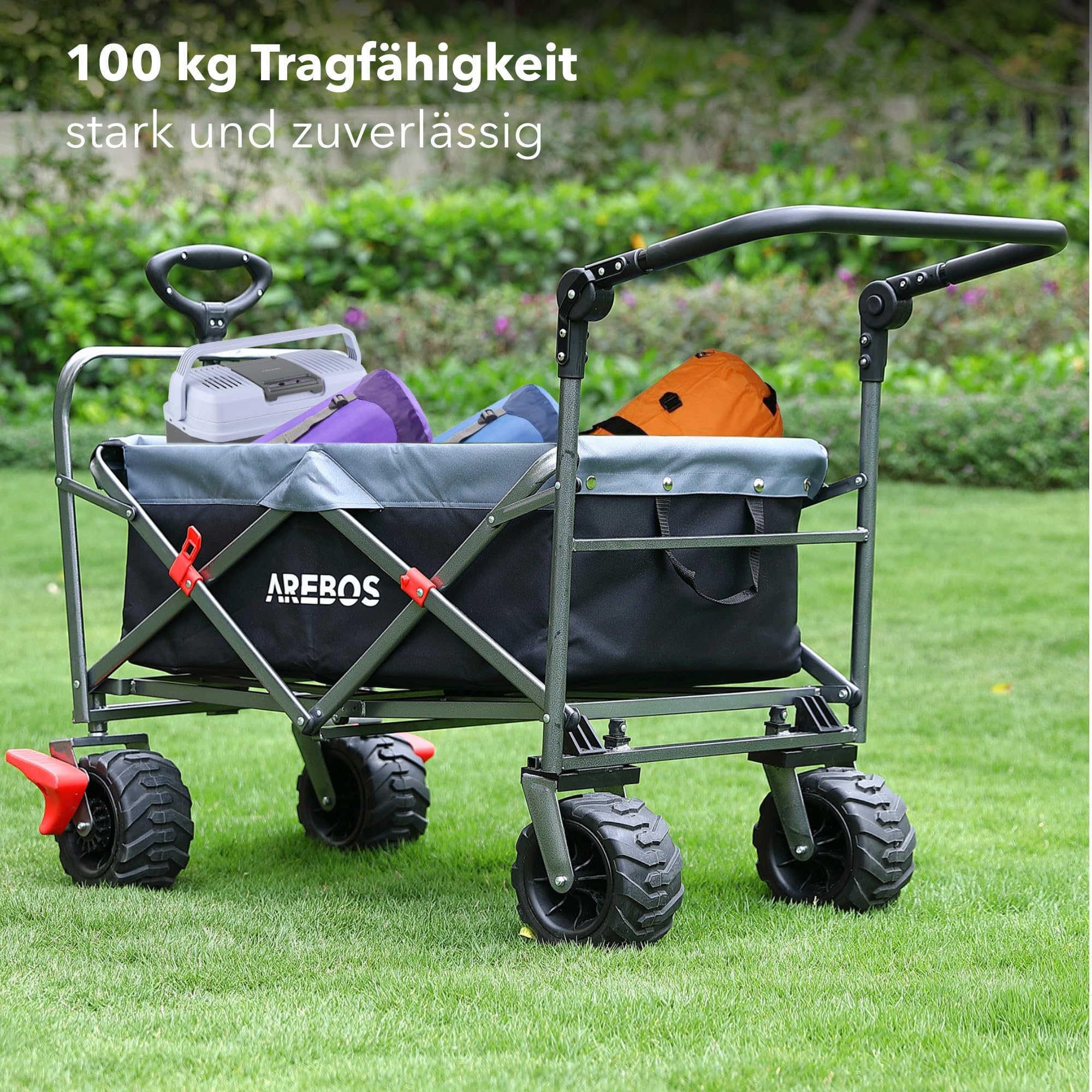 Arebos Bollerwagen faltbar | Transportkarre | Gerätewagen | Handwagen | Faltwagen | inkl. 2 Netztaschen | mit Vorderrad-Bremsen & Teleskopstange | klappbar | bis 100 kg Tragkraft | Grau