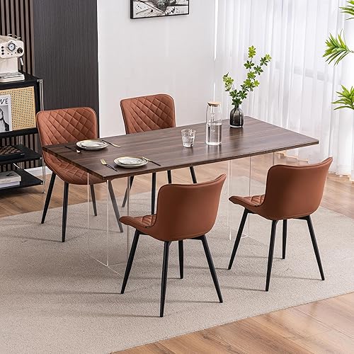 Miniatura 4 de YOUTASTE Mid-Century - Juego de 2 sillas de comedor modernas de piel sintética marrón café con patas de metal negro, para sala de estar, habitación