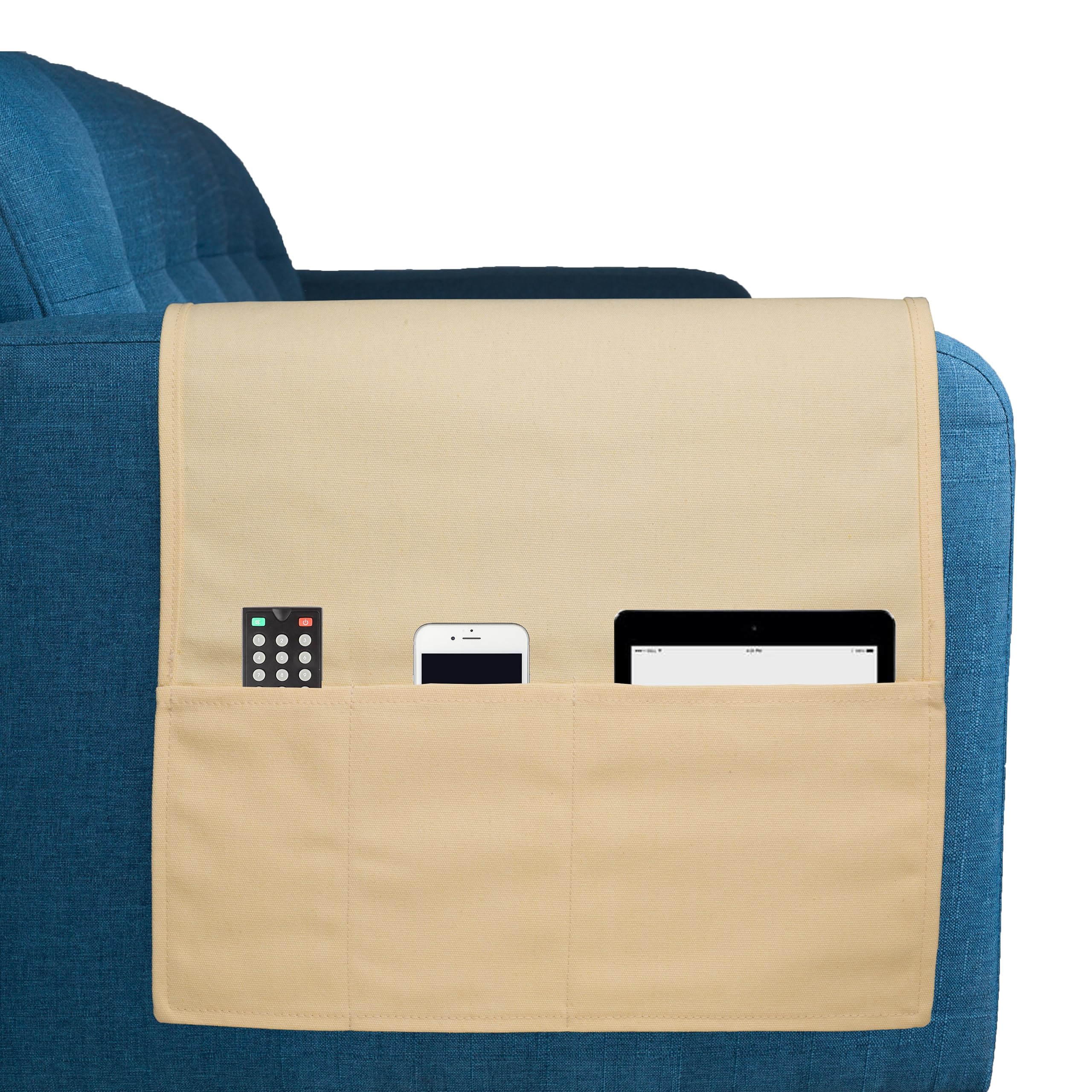 Sofa Armrest Organizer, Remote Control Holder for Recliner Couch Sofa, Arm Chair Caddy with 3 Pockets for Magazine, Glasses, Tablet, Cell Phone (upgraded version) (Beige, 15.6" * 33")