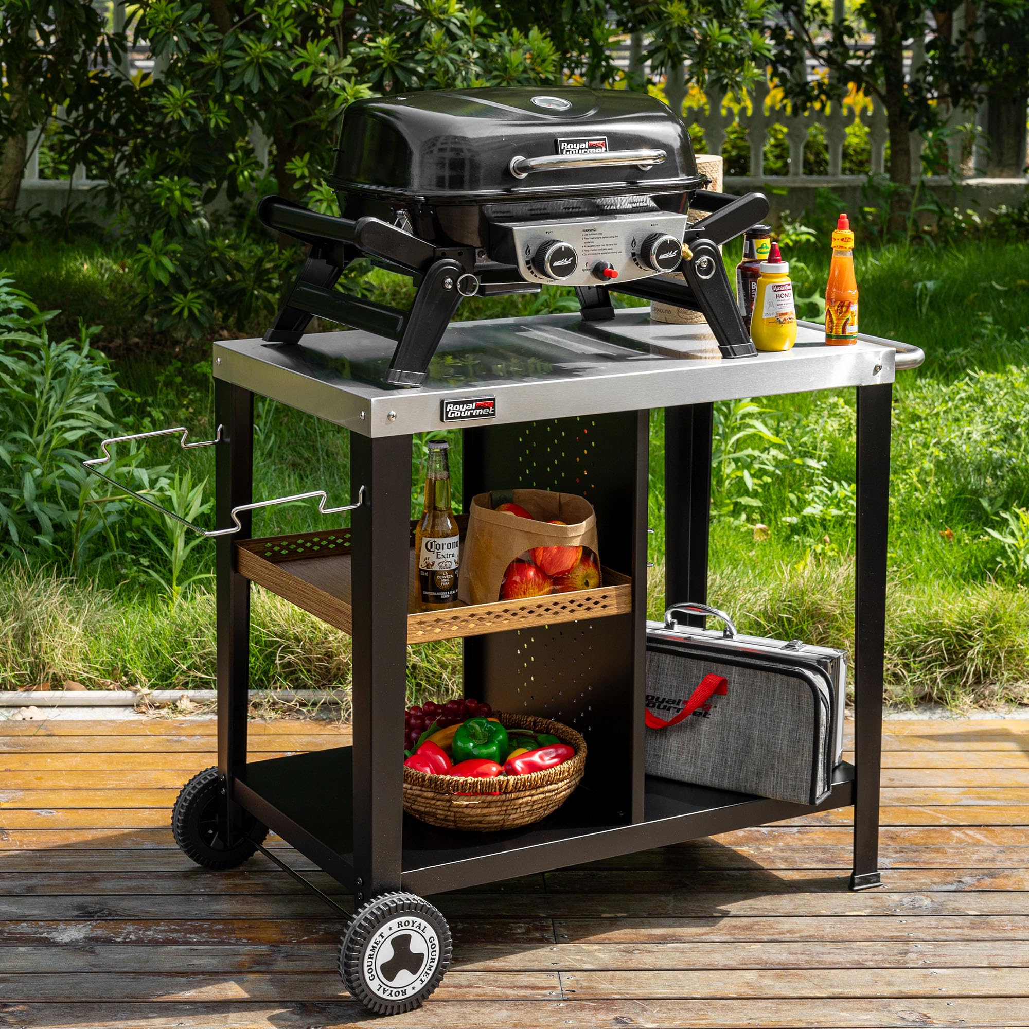 Royal Gourmet Table de Barbecue avec Plaque en Acier Inoxydable de 85 x 50 cm - Chariot de Barbecue à 3 étages pour Barbecue de Table et Fours à Pizza, Chariot avec poignées, Porte-Sac Poubelle et