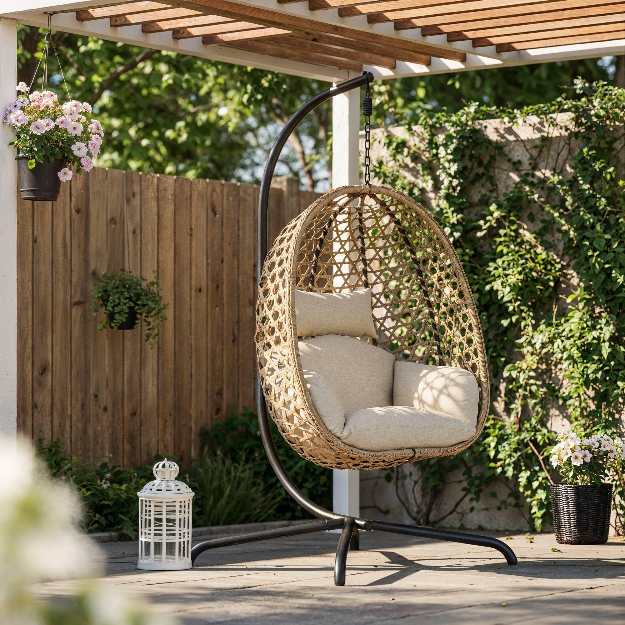 di volio Hängesessel mit Gestell PE-Rattan klappbar wetterfest Outdoor Somi | 15 cm Sitzkissen, verzinkter Stahlrahmen, Olefin-Seil, klappbar, wetterbeständig, bis 120 kg belastbar, abnehmbarer Bezug