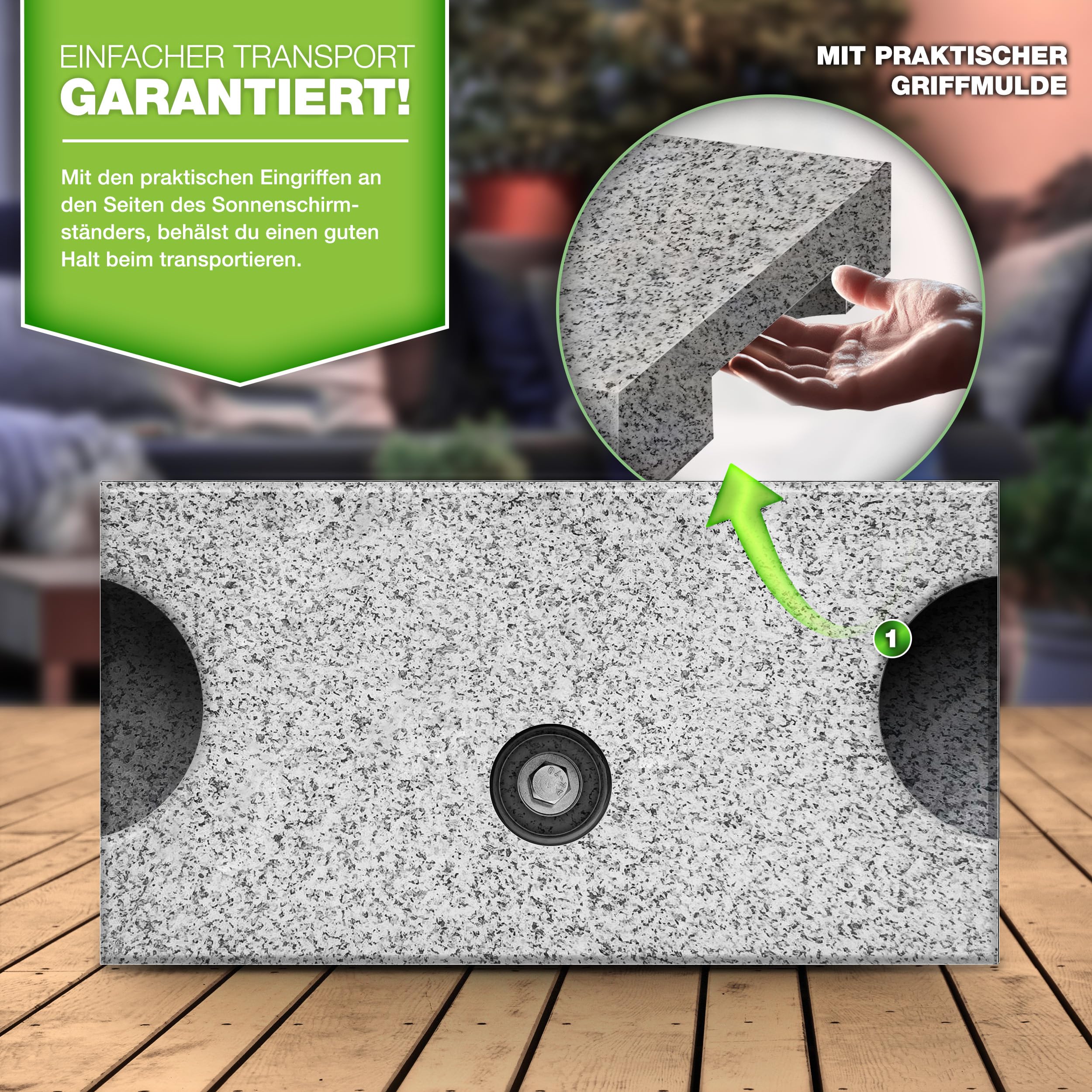 tillvex® Base per Ombrellone da Giardino in Granito, Rettangolare - 25 kg, con Tubo in Acciaio Inox, Supporto per ombrellone da Balcone da 16 a 48 mm e 300 cm di Diametro + Maniglia per Il Trasporto