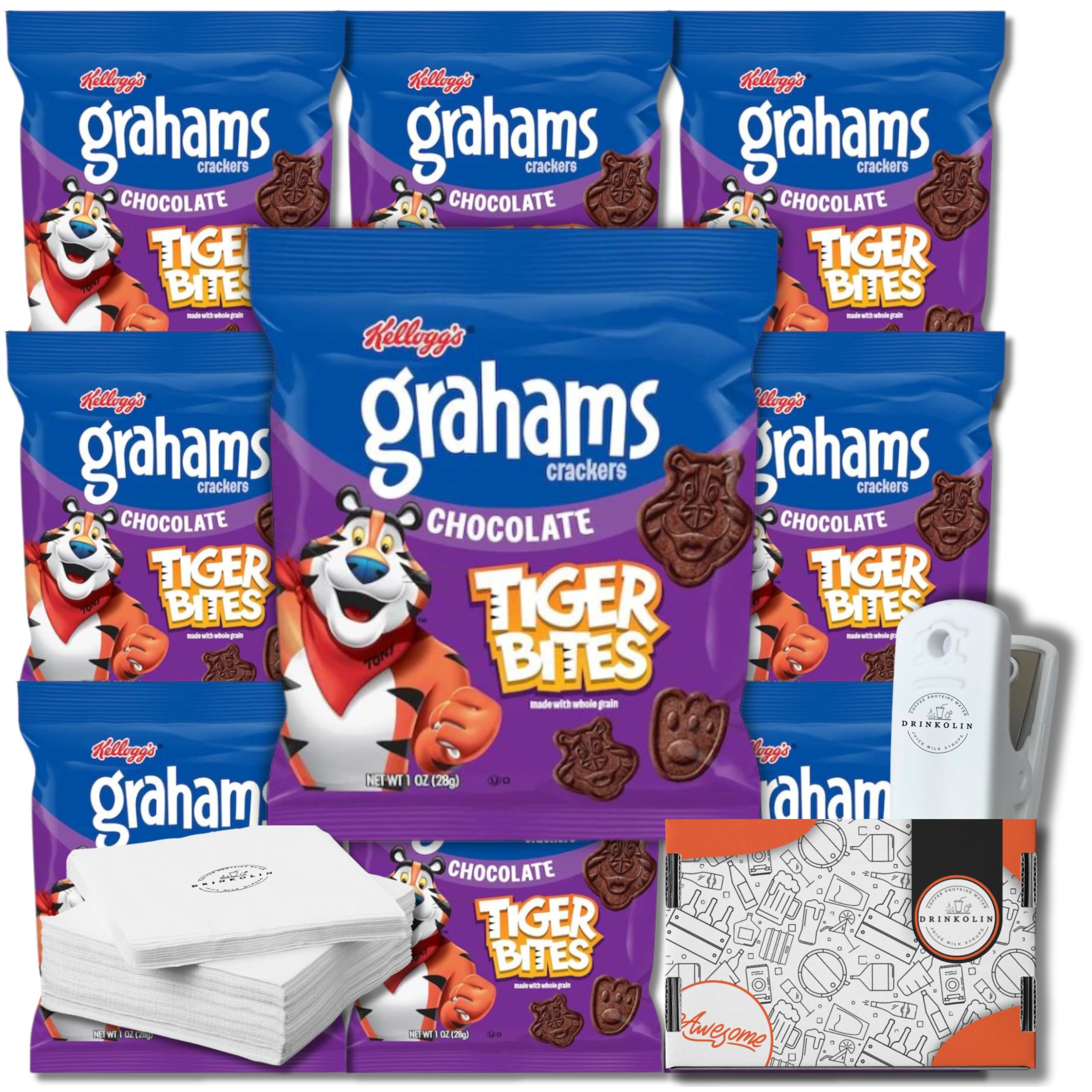 Kellogg's grahams Tiger Bites Crackers Bulk Pack - 10 Individually Sealed 1oz Bags Box - For Lunch Boxes, Car Rides, Sporting Events, Work Desk, Gym Bag, Quick Snack By Drinkolin