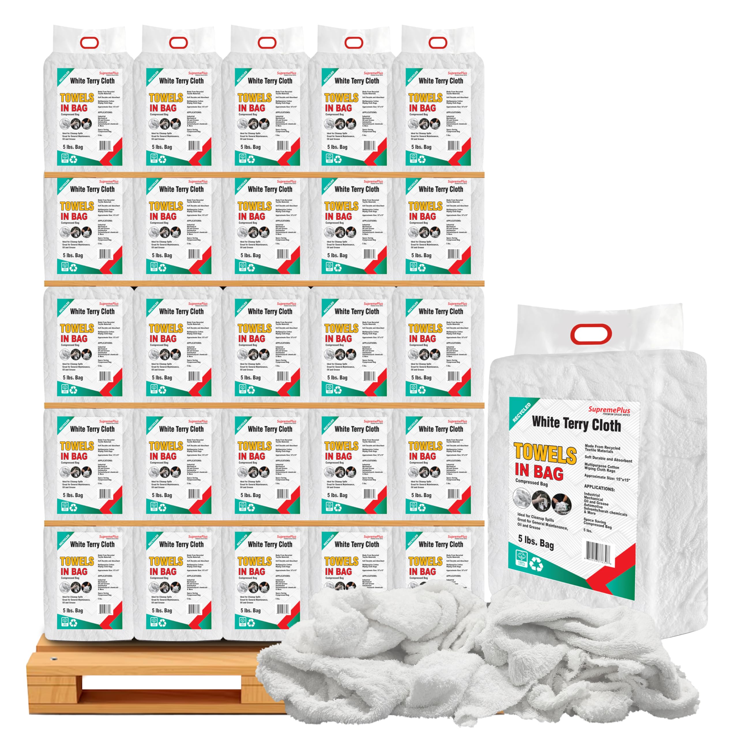 Recycled White Terry Cloth Rags 600 lbs Pallet - 120x5 lbs Bag - High Absorbent Terry Towel Cleaning