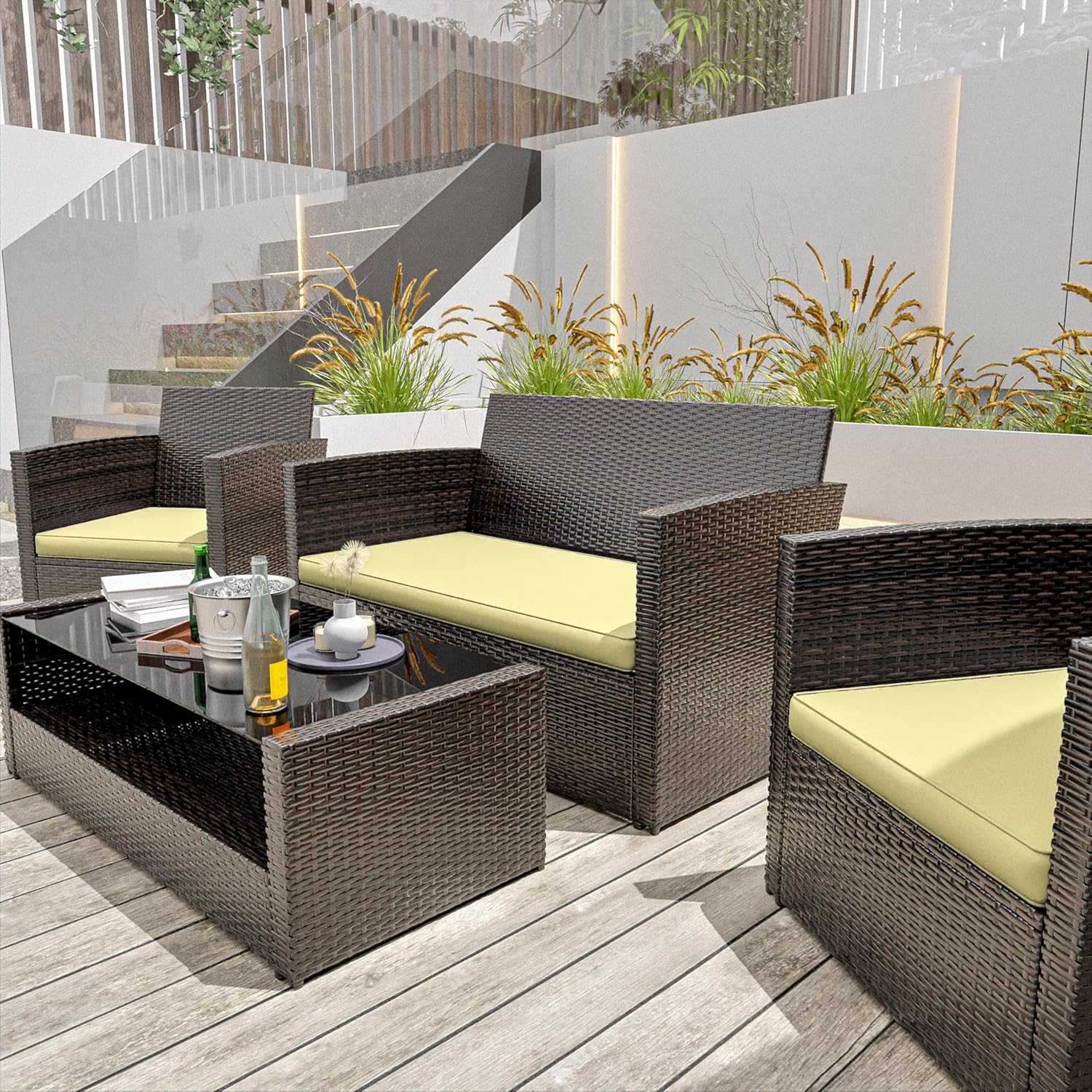 3 Pack Outdoor Patio Seat Cushions Replacement Covers Fit for 4 Pieces 4-Seater Wicker Rattan Patio Conversation Set Loveseat Chair Couch Furniture,36x18x2,18x18x2,Liaht Yellow-Cover Only