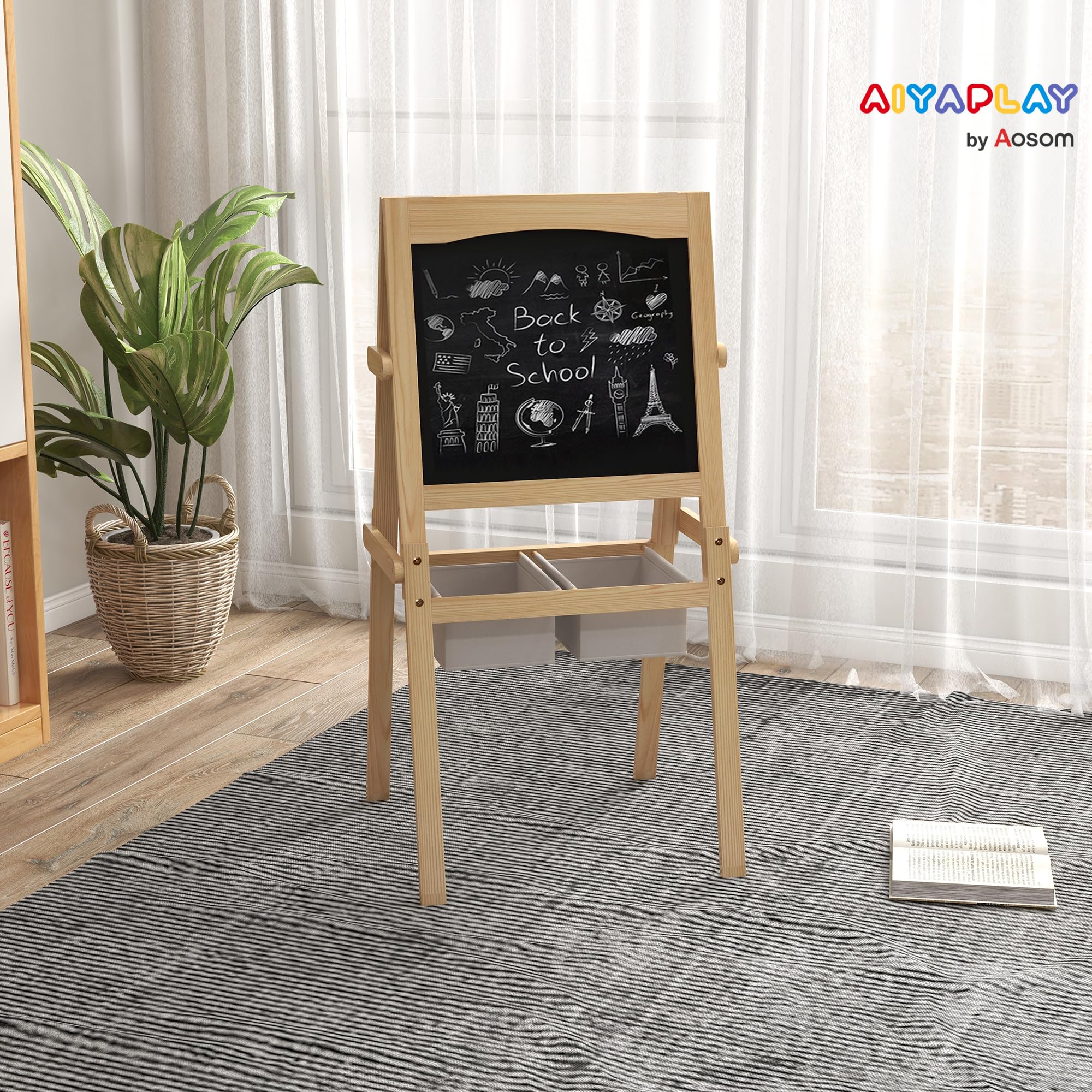 AIYAPLAY Caballete para Niños 3 en 1 de Madera Pizarra Caballete de Doble Cara y Pizarra Blanca para Dibujo con Rollo de Papel y dos Cestas 58x50,5x109 cm Natural