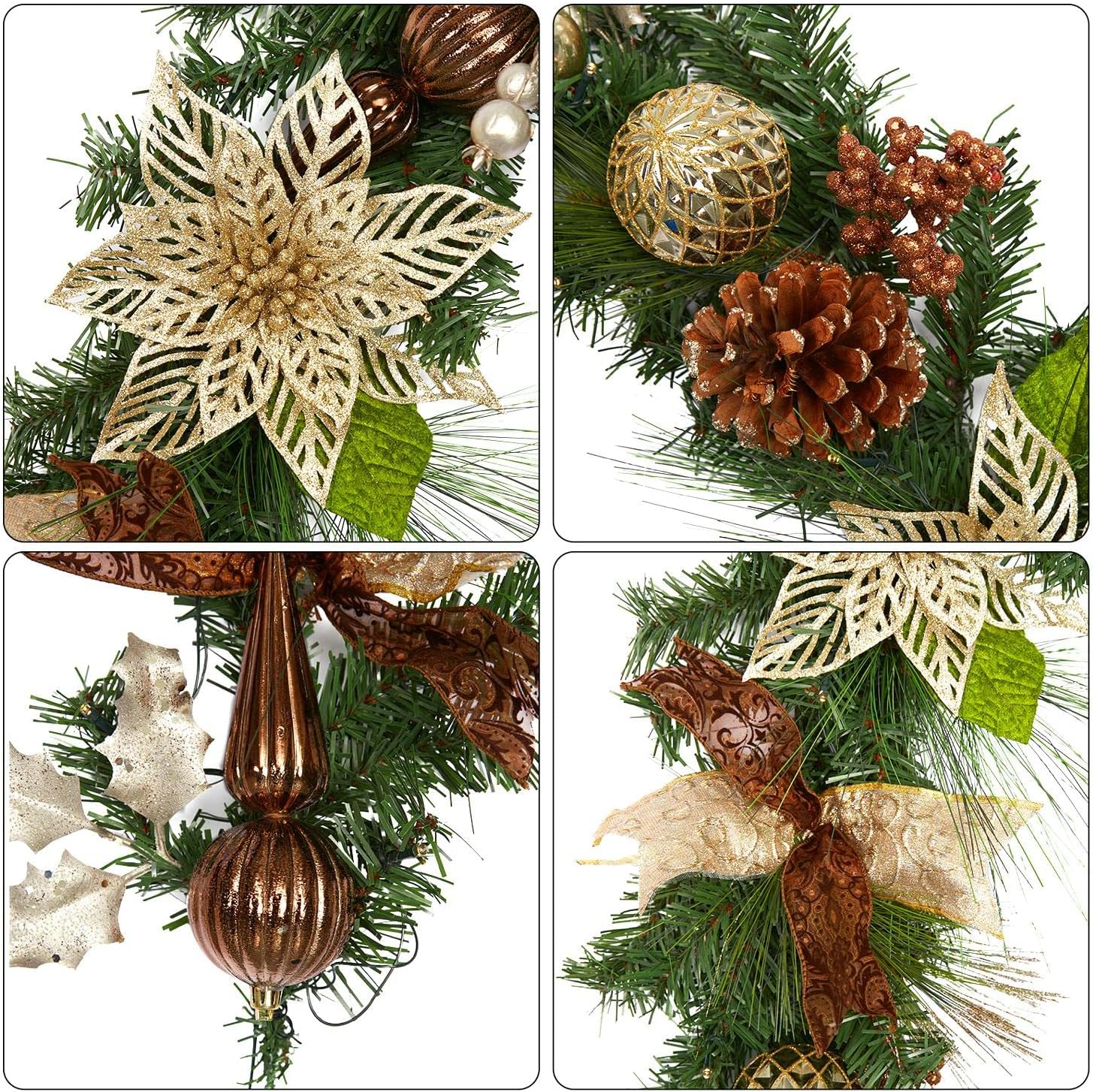 Adeeing 6ft Prelit Christmas Garland with 20 Lights, Xmas Fake Vines with Bows Christmas Balls Flowers Berries Greenery Christmas for Front Door Fireplace Mantel Porch Holiday Decorations