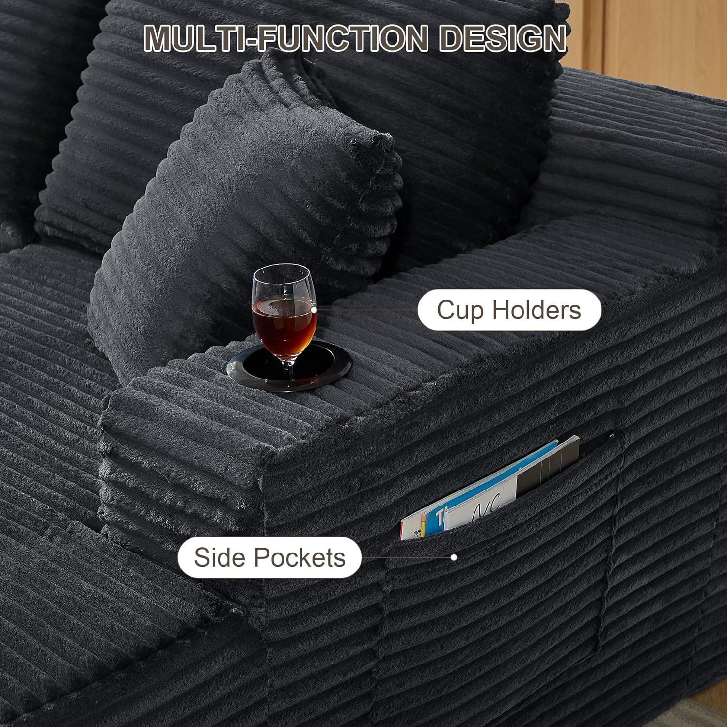 Tmsan 133.5" Dark Grey Boneless Sectional Sofa Couches for Living Room, Oversized U Shaped Cloud Modular Set with Cup Holders & Side Pockets & Deep Seat, Comfy Corduroy Foam Compressed No Assembly