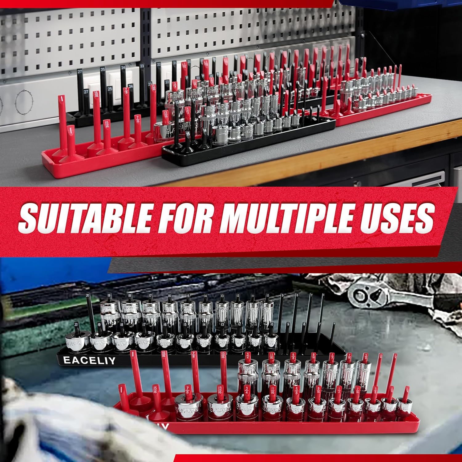 EACELIY 8PCS Socket Organizer Tray Set,1/2", 1/4" and 3/8" SAE & Metric Deep & Shallow Socket Holder Kit, Deep and Shallow Socket Holders for Toolboxes(sockets not included)