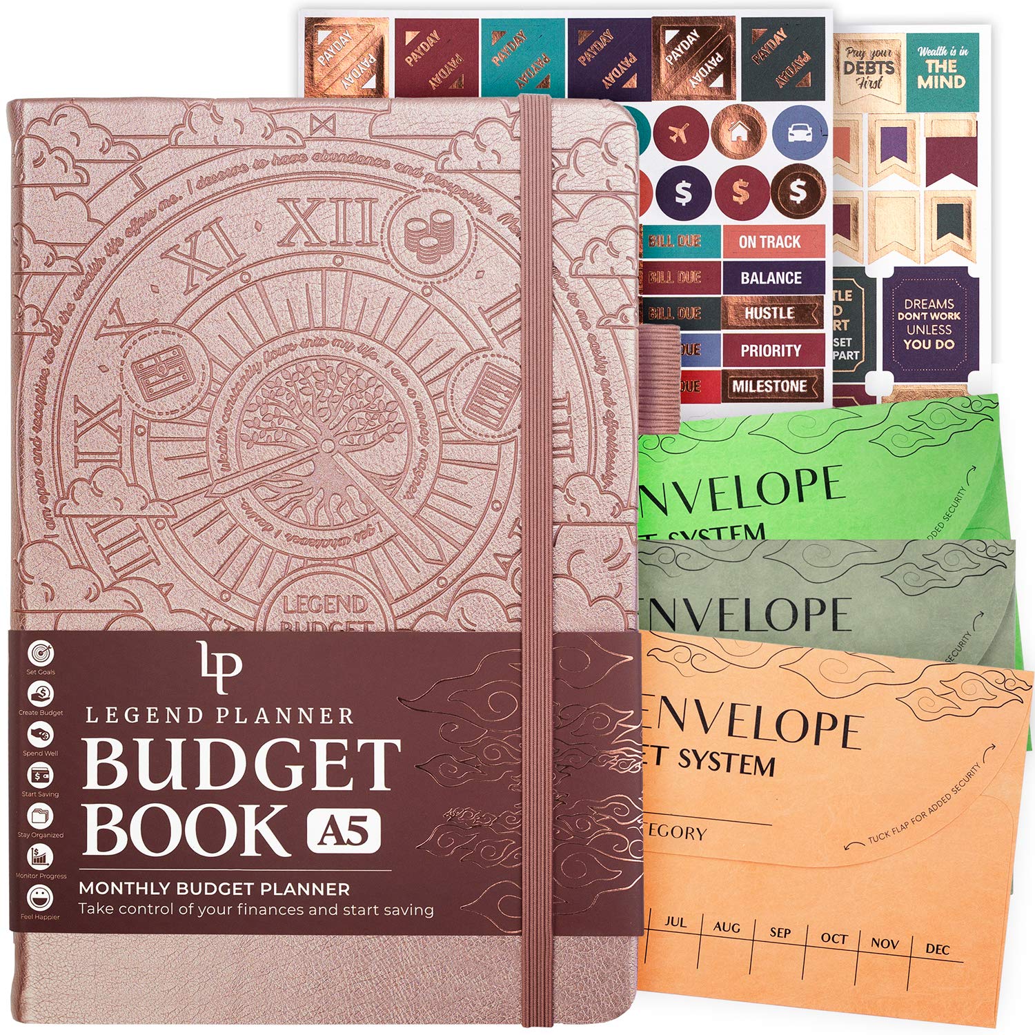 Legend Planner Budget Book - Personal Finance Planner with 3 Cash Envelopes & Stickers - Non-Dated Monthly Journal for Budgeting, Saving Money, Debt Payoff & Bill Organizer - A5 Size, Rose Gold