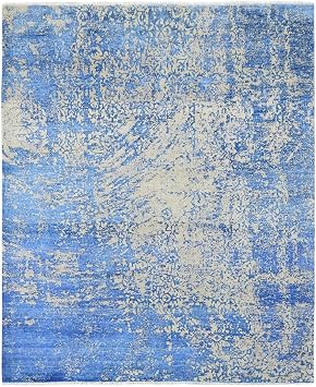 Denim Blue Hand-Knotted Modern Abstract Design Tone on Tone Wool and Silk Oriental Rug 81"x910"