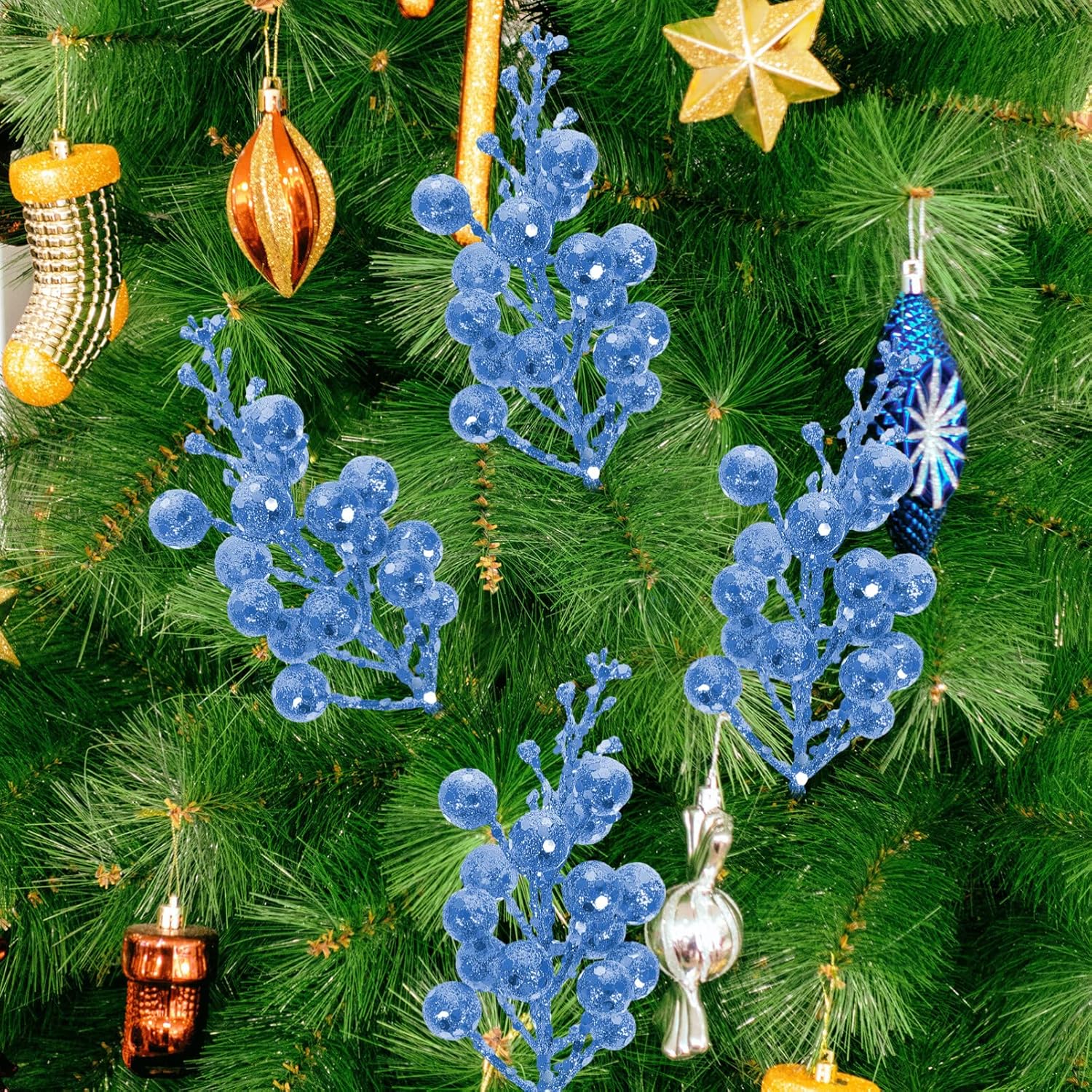 Fall Floral Stems 10Pcs Christmas Glitte Berry Pick Fake Berry Stems Branch for DIY Xmas Wreath Tree Vase Crafts Wedding Holiday Winter, Blue Christmas Berries Decorations